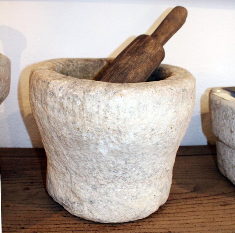 18th Century Spanish Hand Carved Stone Kitchen Mortar and Wooden Pestle