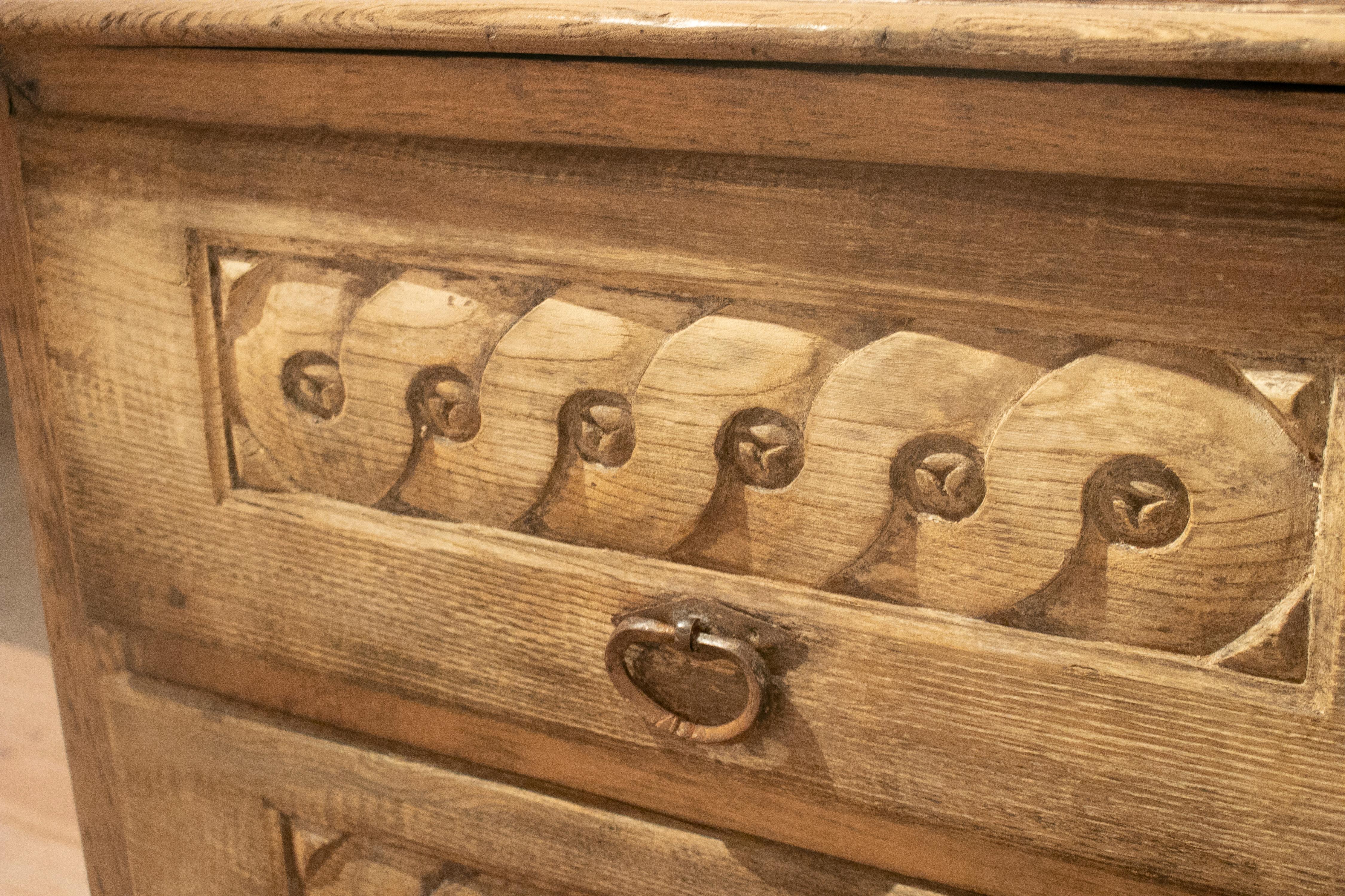 18th Century Spanish Hand Carved Three Drawer Washed Wood Cabinet 8