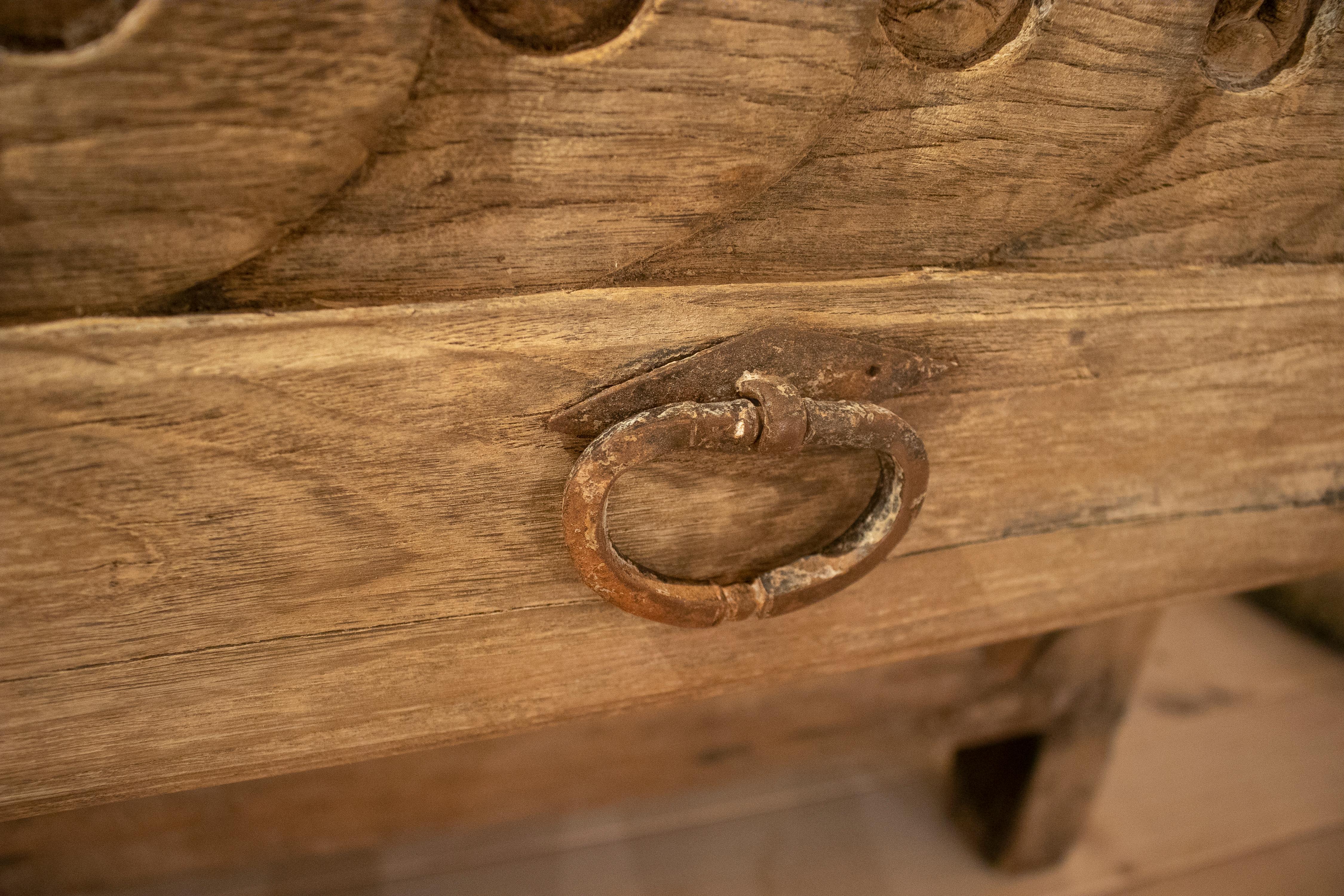 18th Century Spanish Hand Carved Three Drawer Washed Wood Cabinet 12