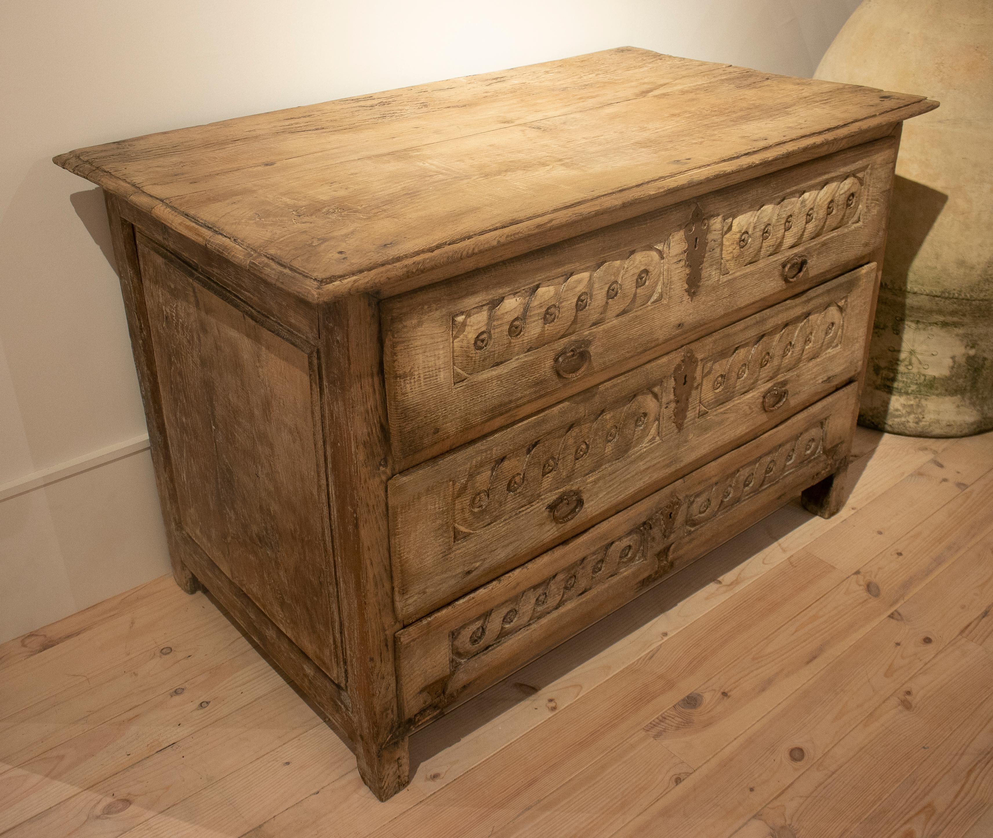 18th Century Spanish Hand Carved Three Drawer Washed Wood Cabinet In Good Condition In Marbella, ES