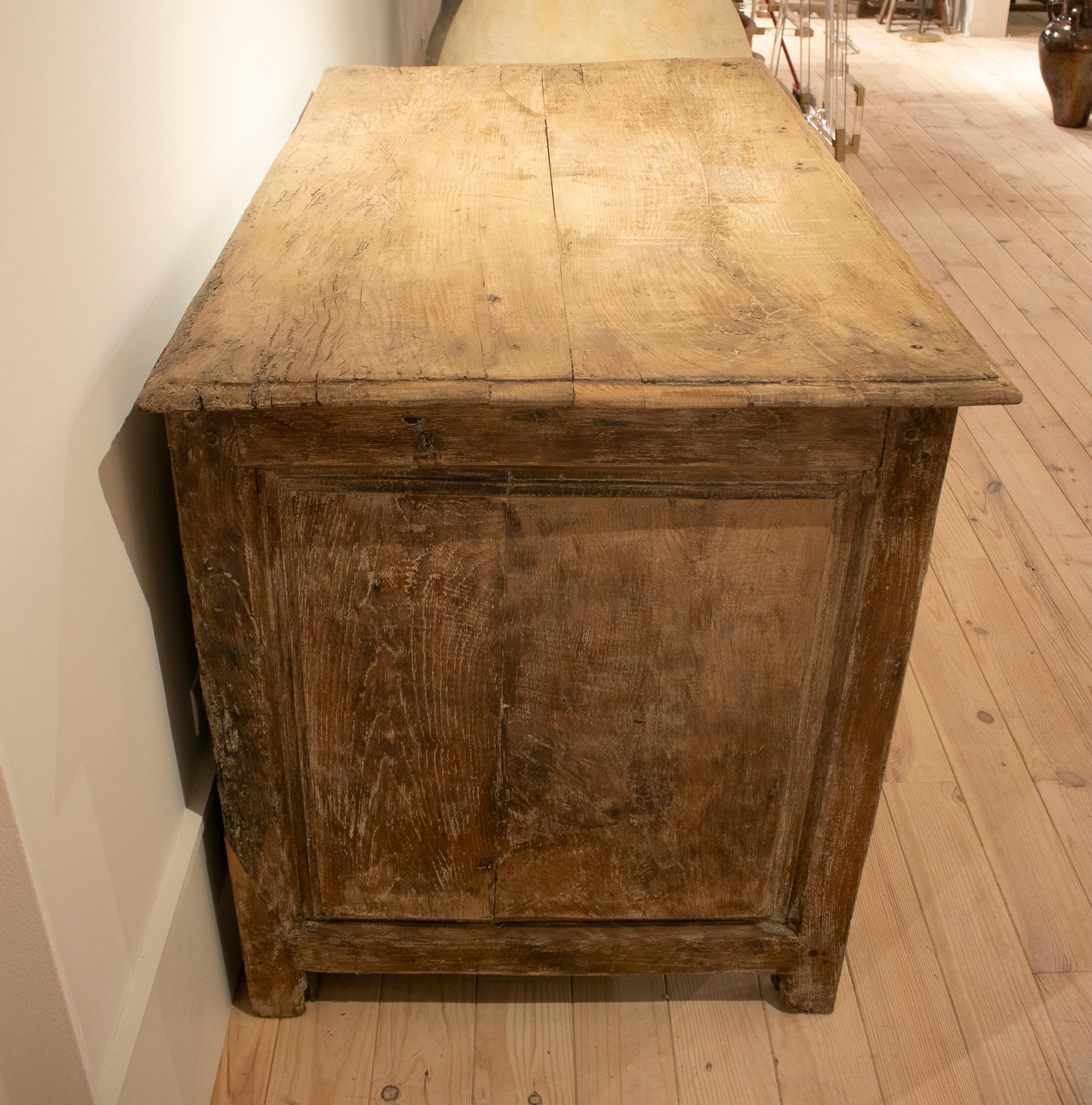 18th Century and Earlier 18th Century Spanish Hand Carved Three Drawer Washed Wood Cabinet