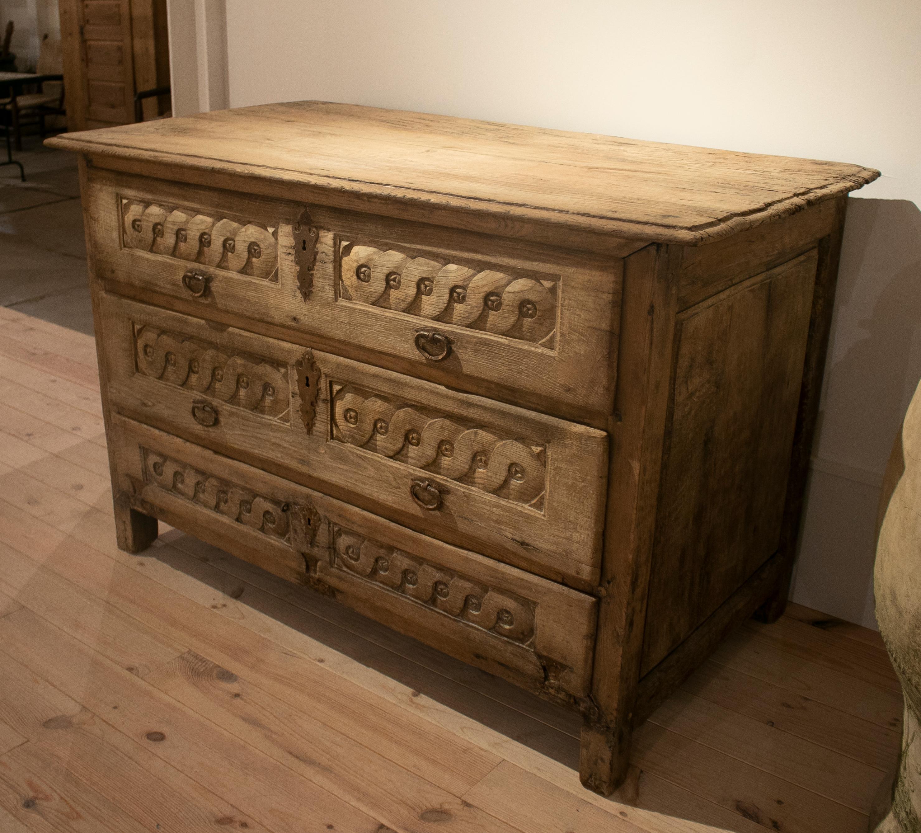 18th Century Spanish Hand Carved Three Drawer Washed Wood Cabinet 1