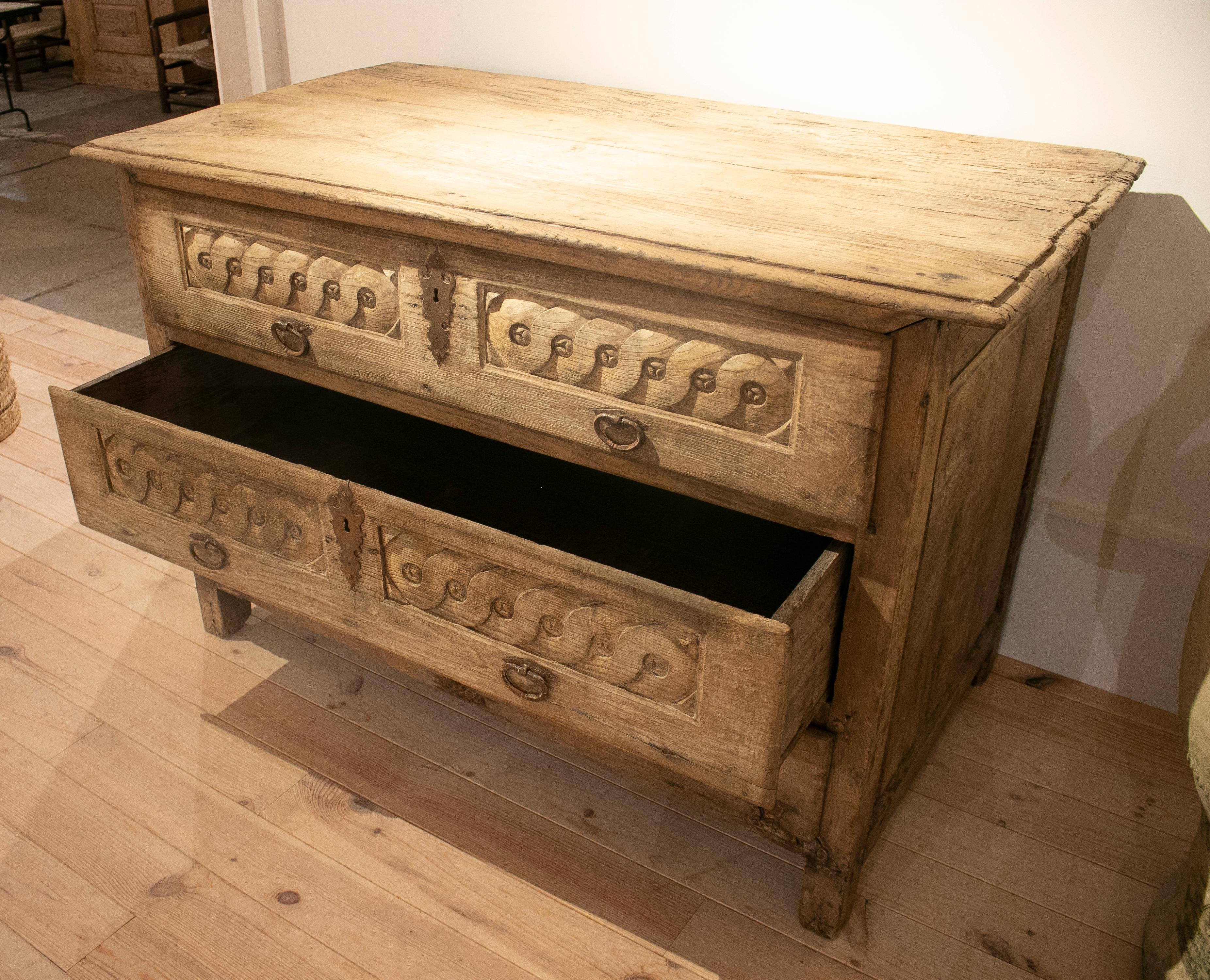 18th Century Spanish Hand Carved Three Drawer Washed Wood Cabinet 3