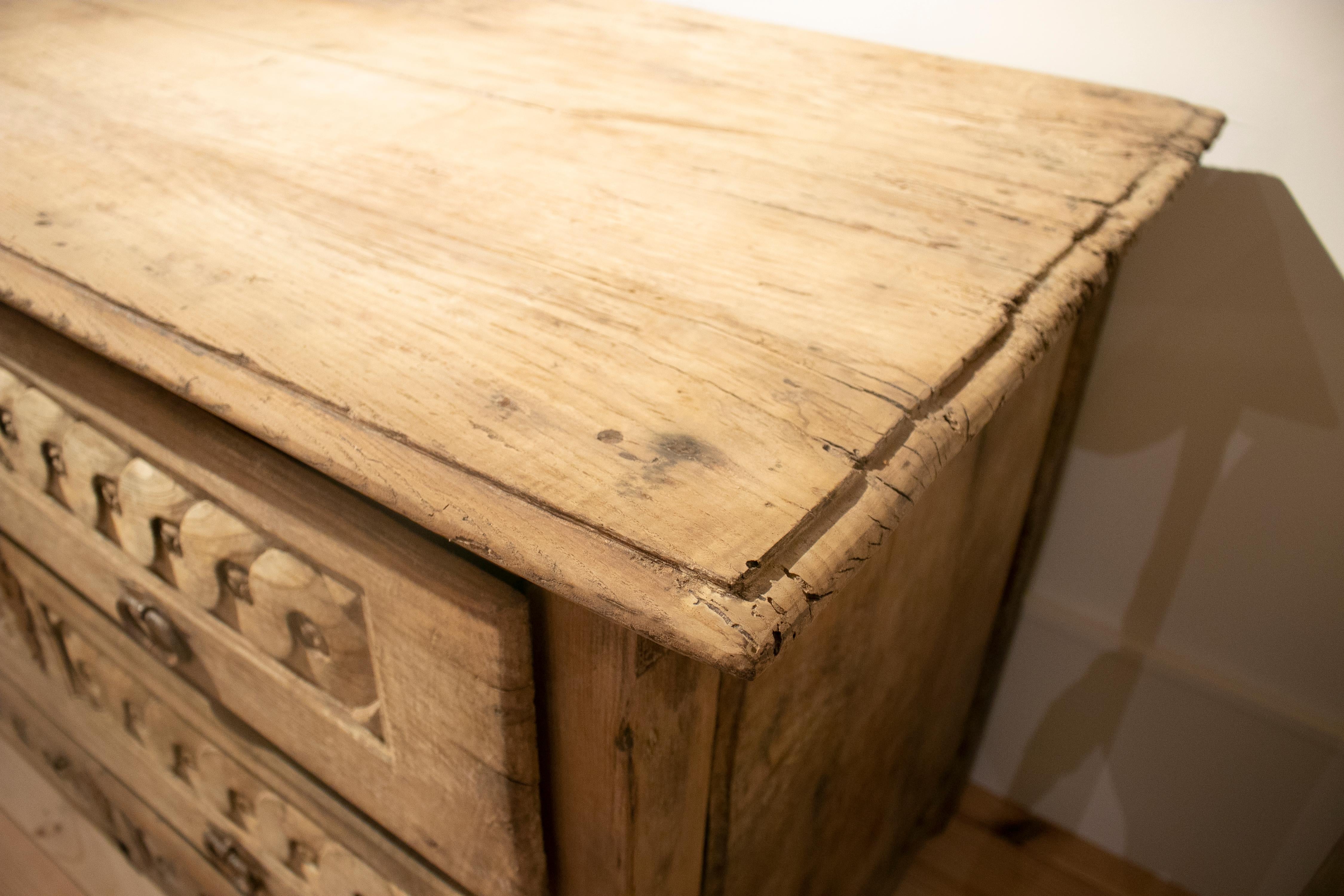 18th Century Spanish Hand Carved Three Drawer Washed Wood Cabinet 5