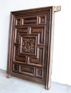 18th Century Spanish Hand Carved Walnut Wide Panel Door w/ Mitre on Crest