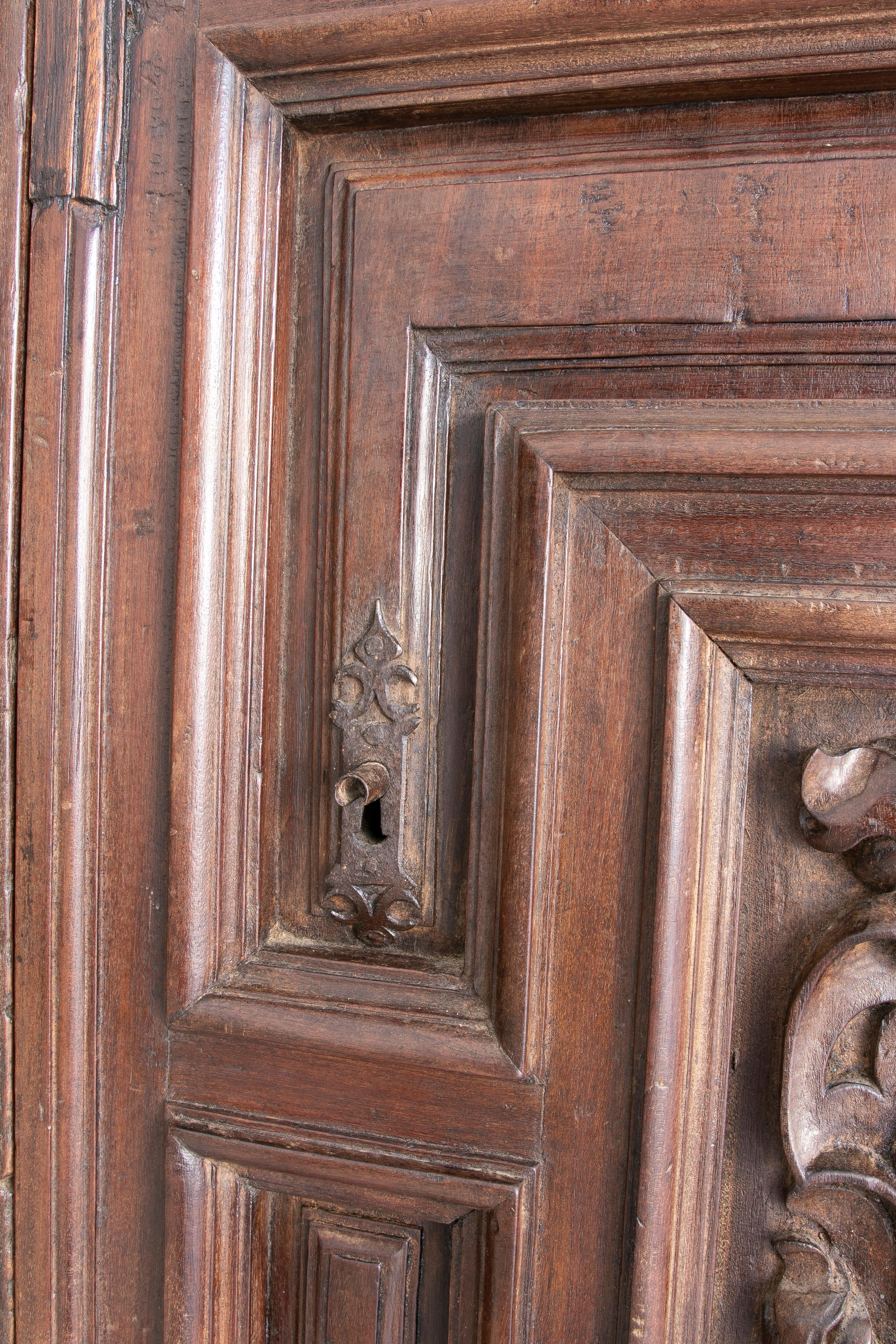 18th Century and Earlier 18th Century Spanish Hand Carved Walnut Wide Panel Door w/ Mitre on Crest For Sale