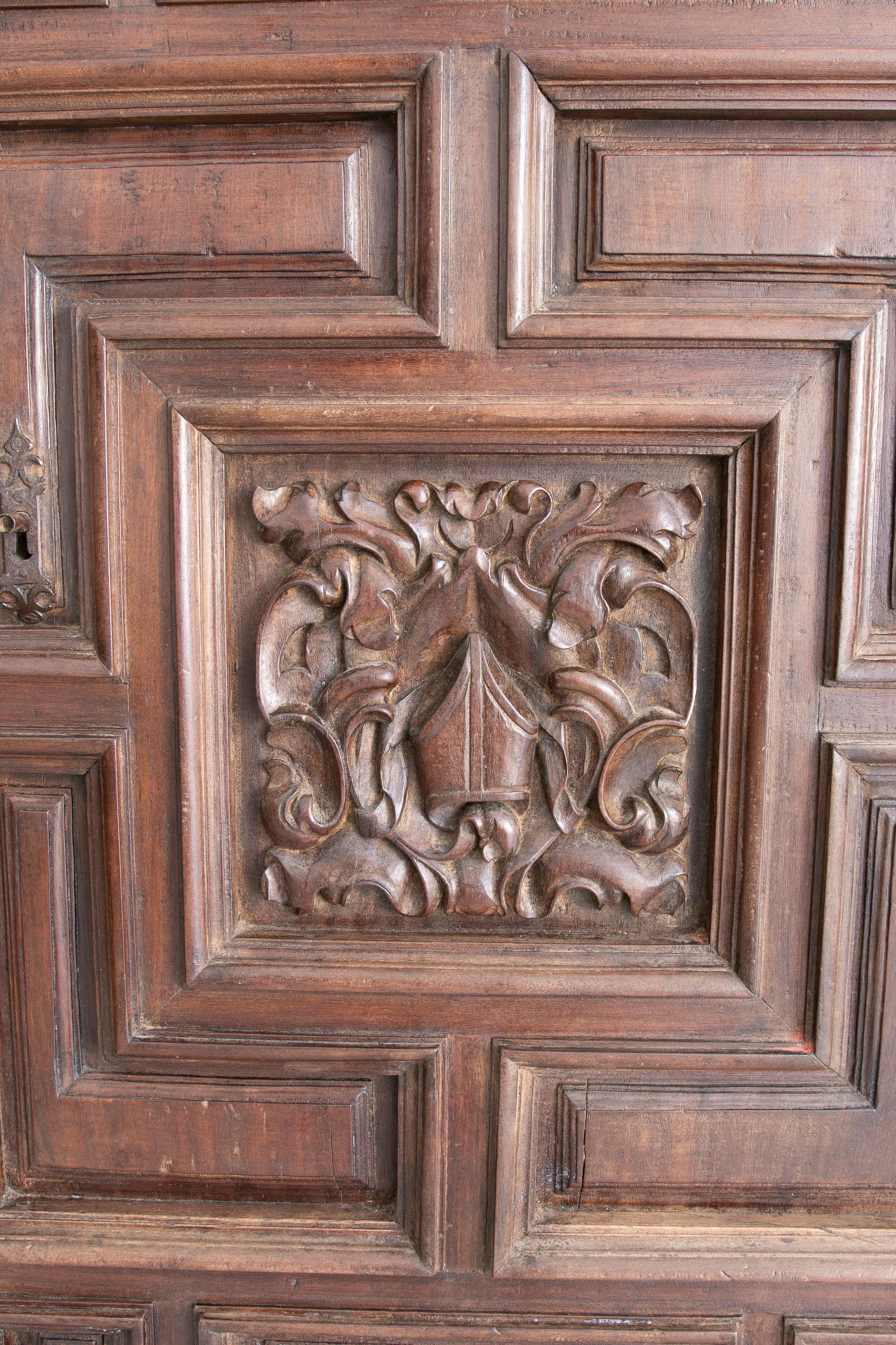 18th Century Spanish Hand Carved Walnut Wide Panel Door w/ Mitre on Crest For Sale 1