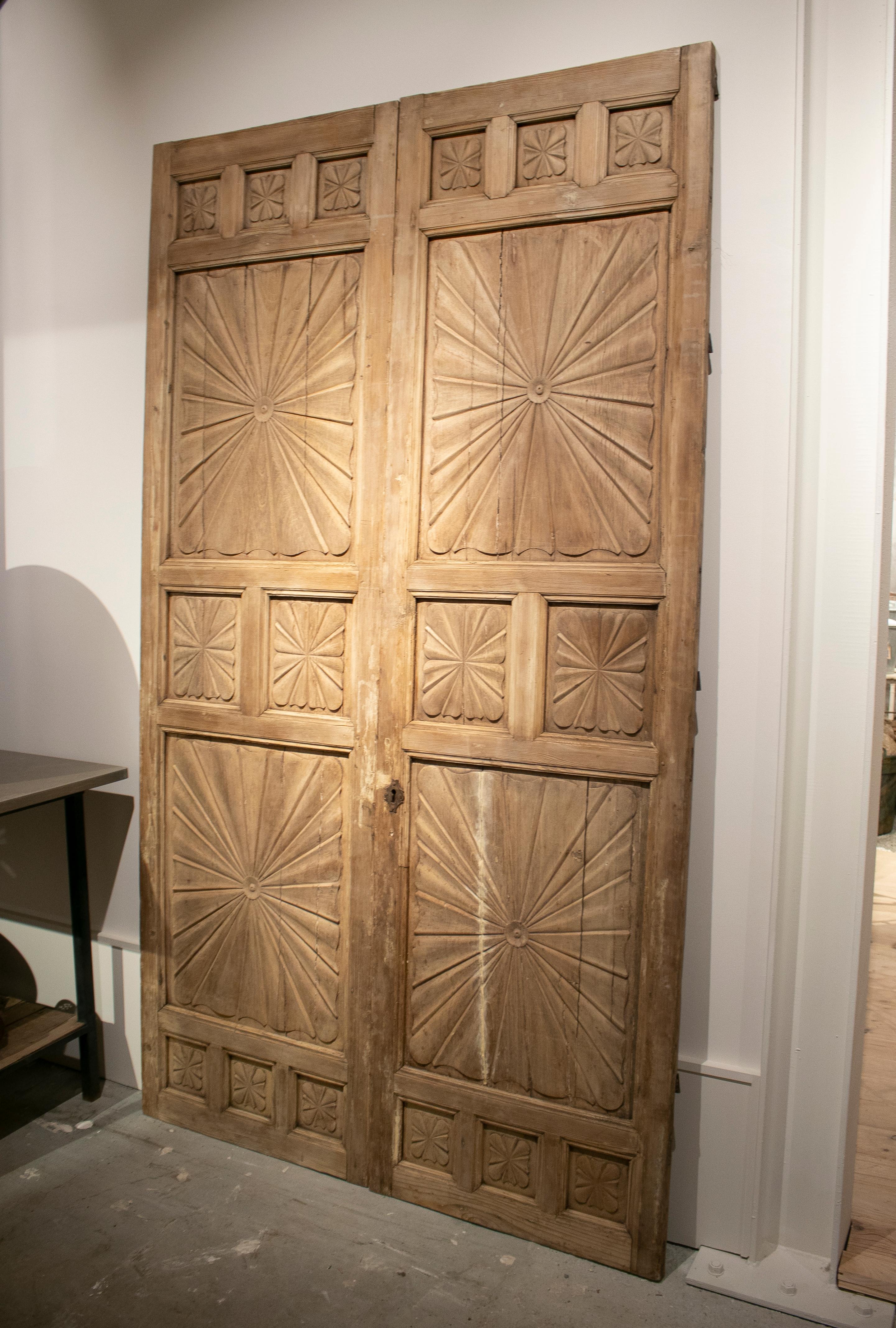 18th century Spanish hand carved wooden panelled double door.