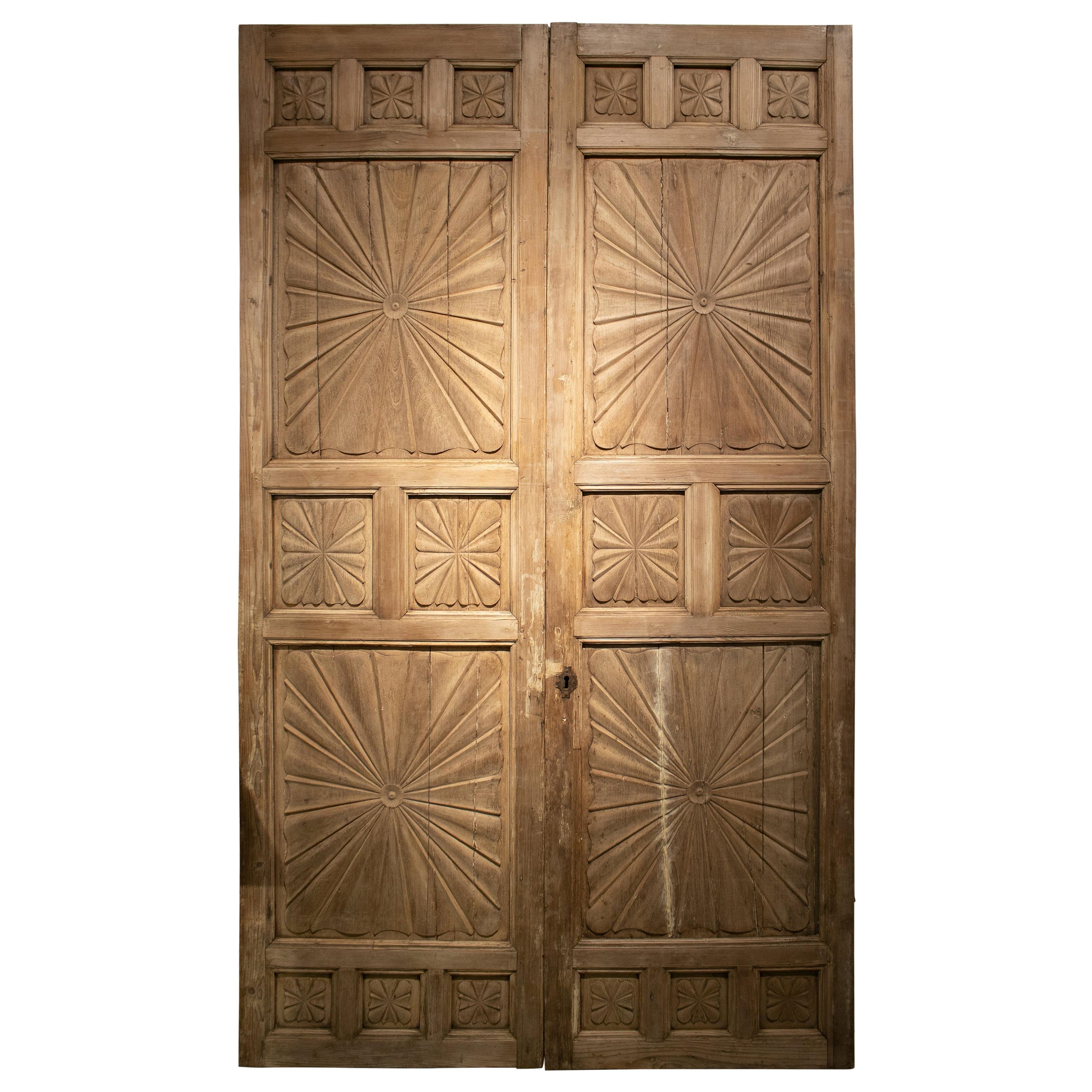 18th Century Spanish Hand Carved Wooden Panelled Double Door