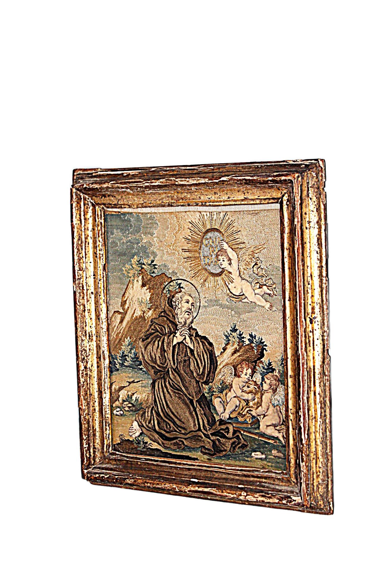 Spain, Circa 1750
Hand-painted silk  Giltwood frame  Devotional artwork

A rare and exquisitely detailed 18th-century Spanish devotional panel, finely executed on silk and depicting Saint Francis of Paola in a moment of divine revelation. The saint