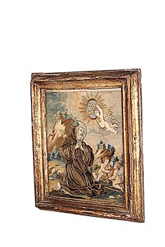 18th Century hand painted silk panel Saint Francis with Cherubs