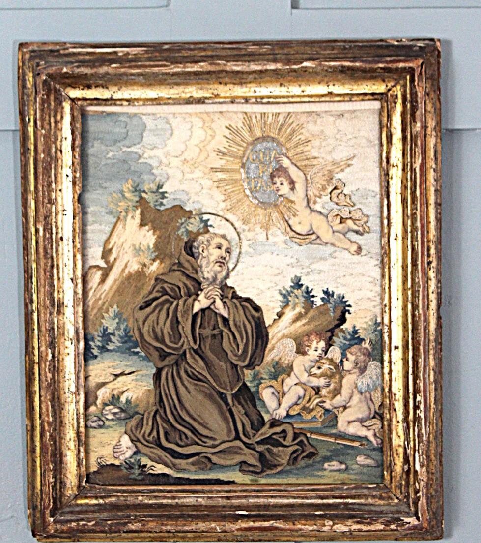 Hand-Painted 18th Century Saint Francis of Paola with Cherubs For Sale