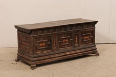 Large Spanish Carved Wood Coffer Trunk, 18th Century, Geometric Design
