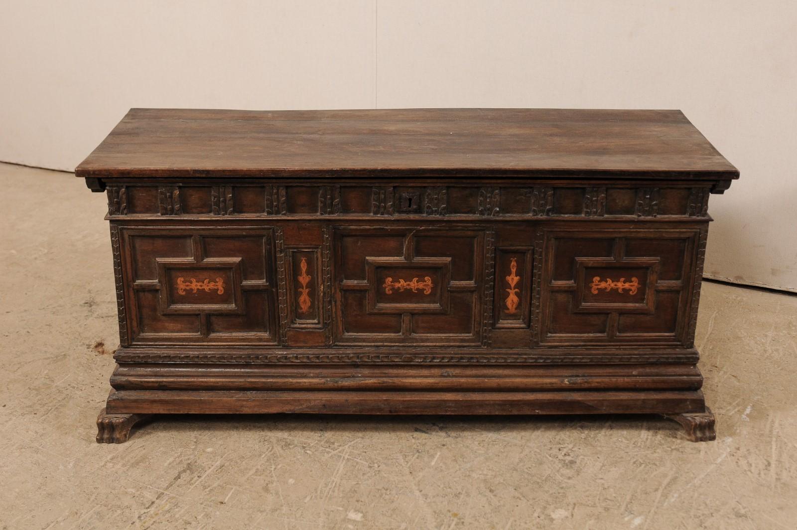 18th Century Spanish Large Carved Wood Coffer Trunk In Good Condition For Sale In Atlanta, GA