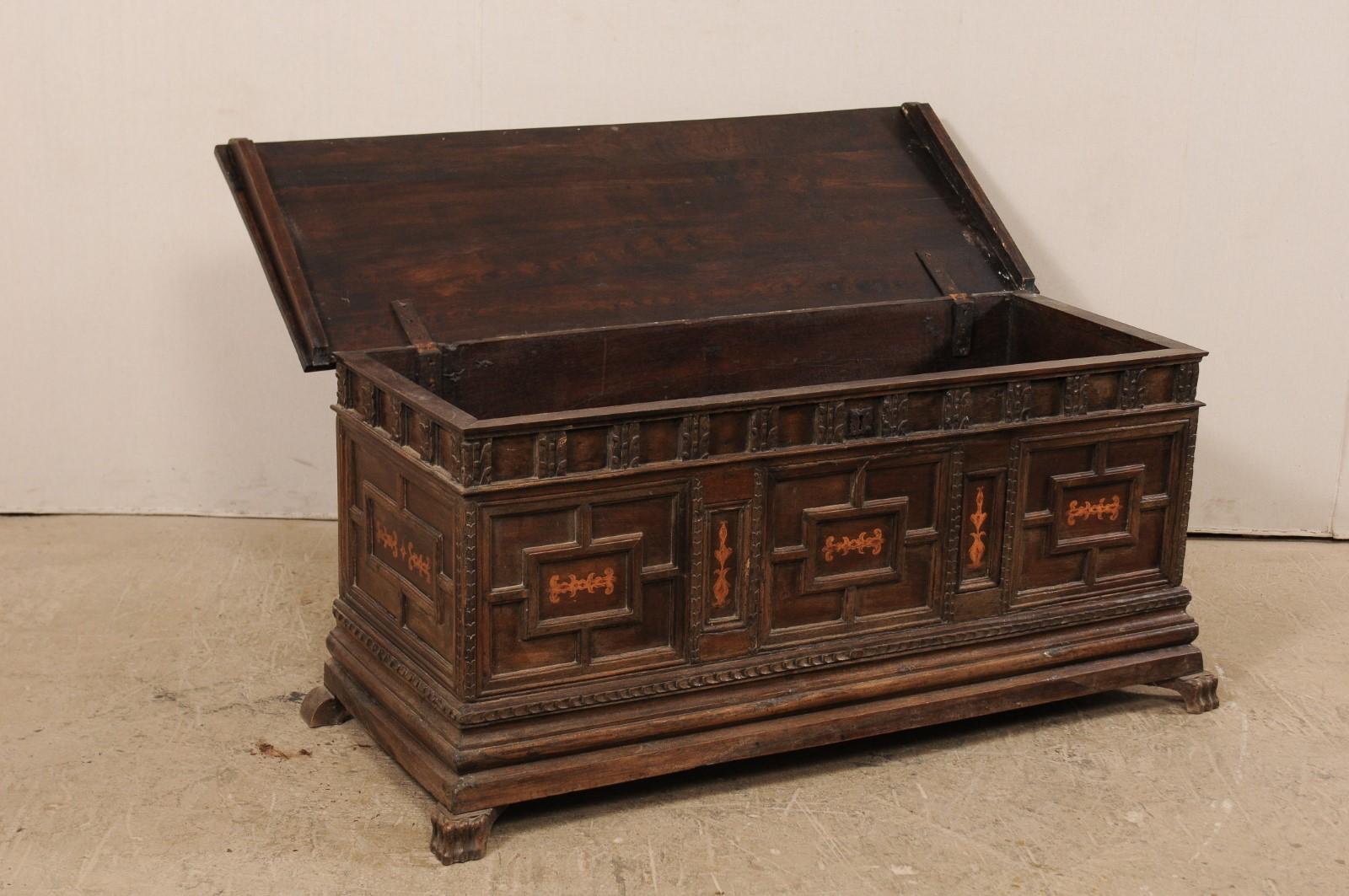 18th Century Spanish Large Carved Wood Coffer Trunk For Sale 3