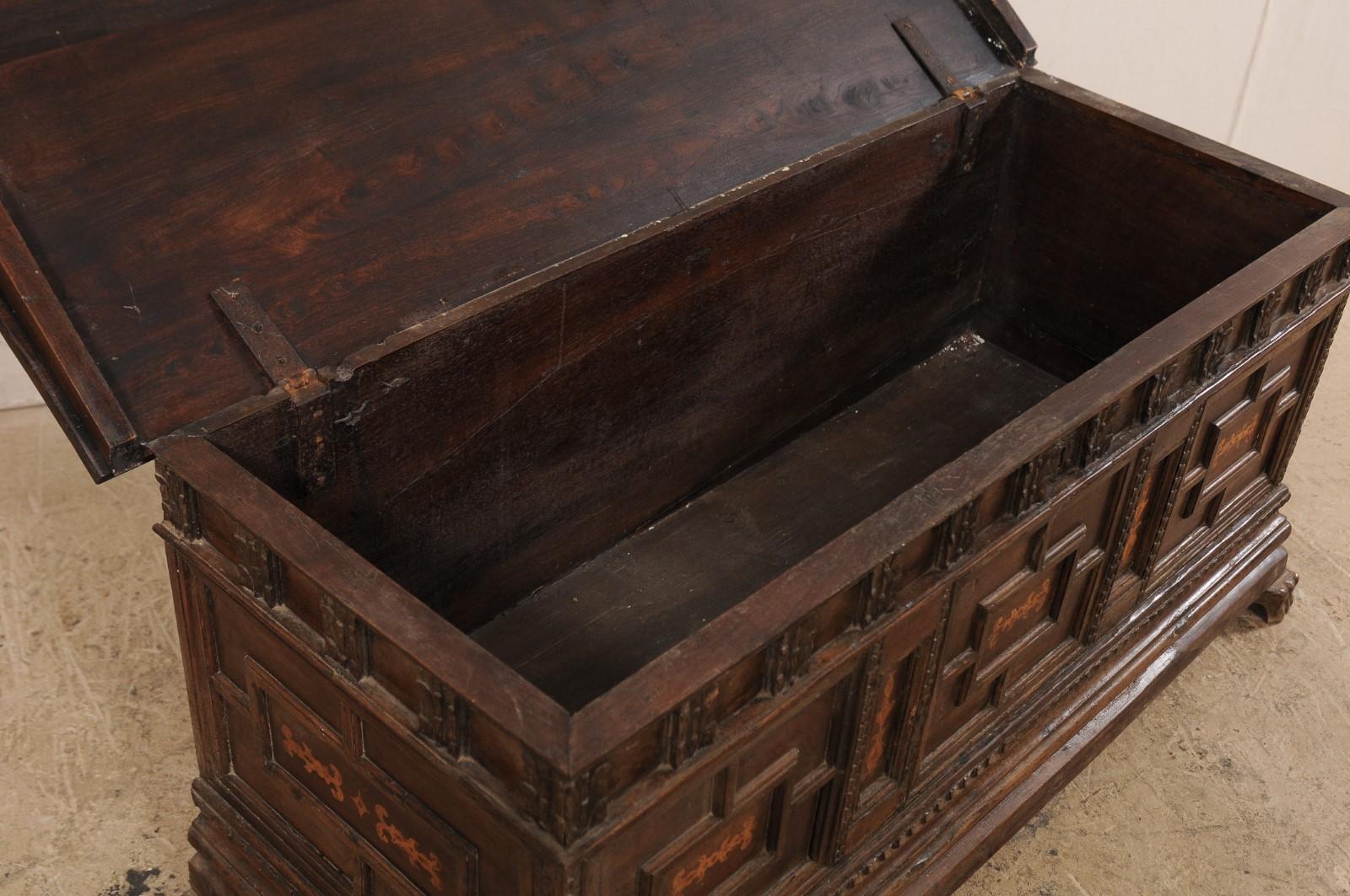 18th Century Spanish Large Carved Wood Coffer Trunk For Sale 3