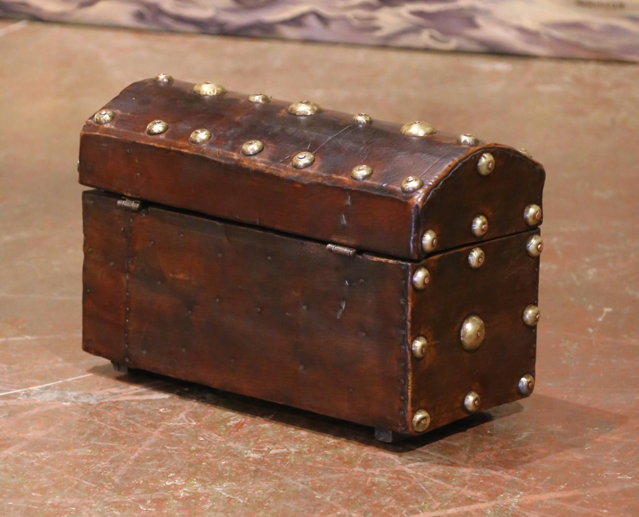 18th Century Spanish Leather and Brass Nailhead Domed Trunk with Original Key For Sale 5