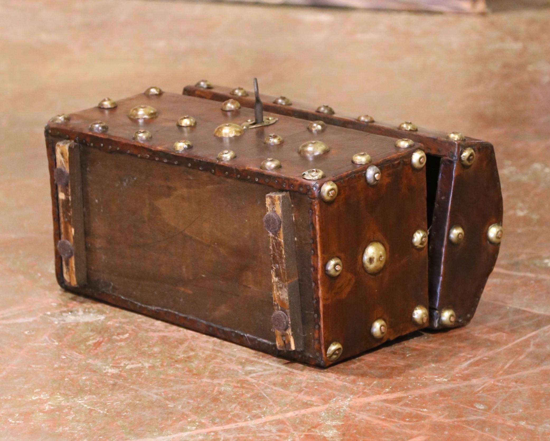 18th Century Spanish Leather and Brass Nailhead Domed Trunk with Original Key For Sale 6