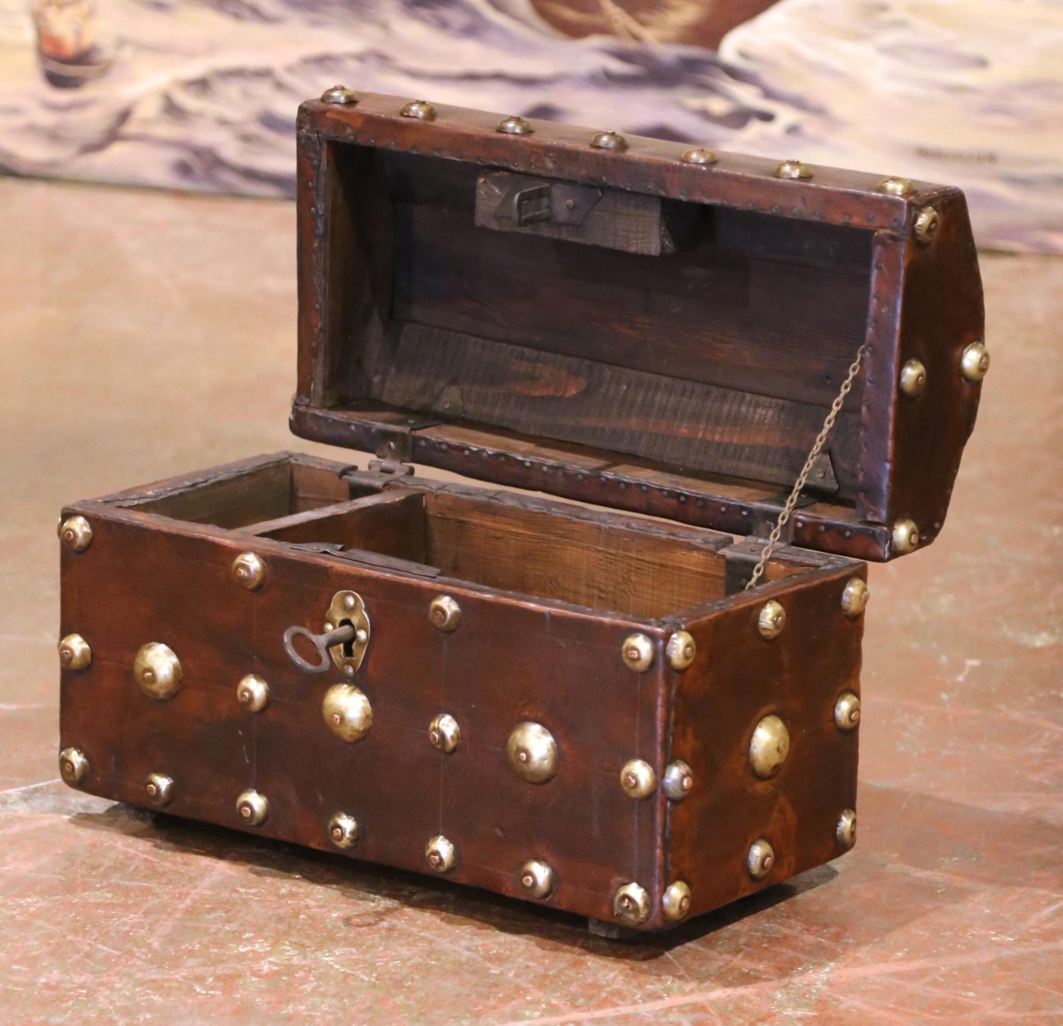 Gothic 18th Century Spanish Leather and Brass Nailhead Domed Trunk with Original Key For Sale
