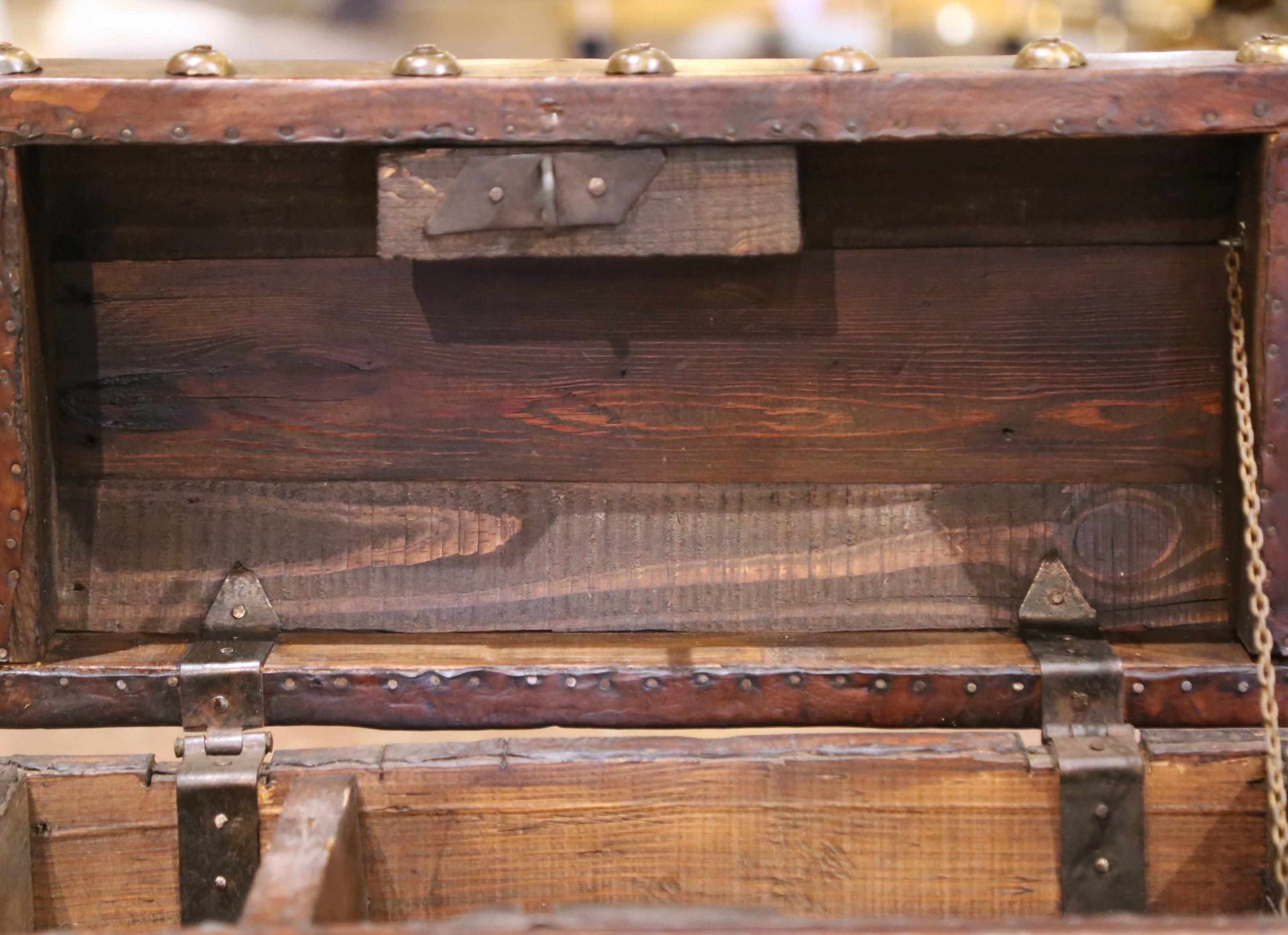 Hand-Crafted 18th Century Spanish Leather and Brass Nailhead Domed Trunk with Original Key For Sale