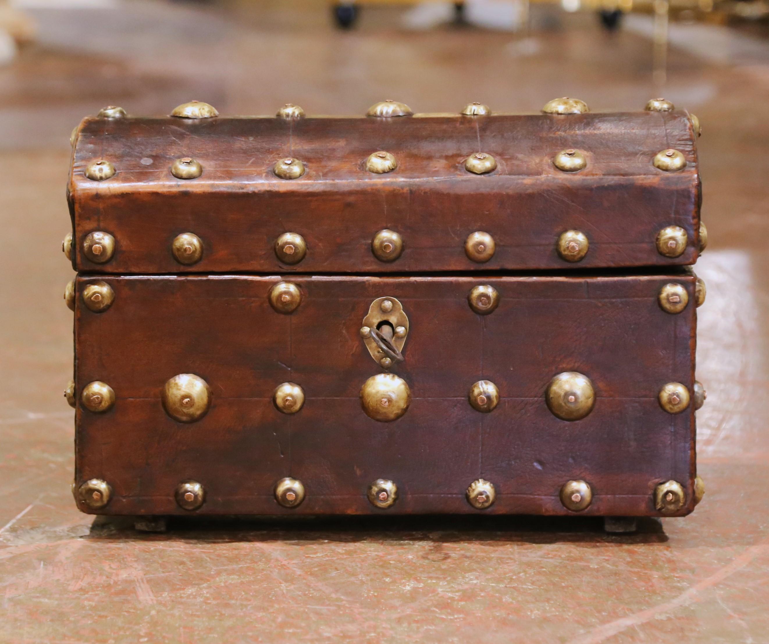 18th Century Spanish Leather and Brass Nailhead Domed Trunk with Original Key In Excellent Condition For Sale In Dallas, TX