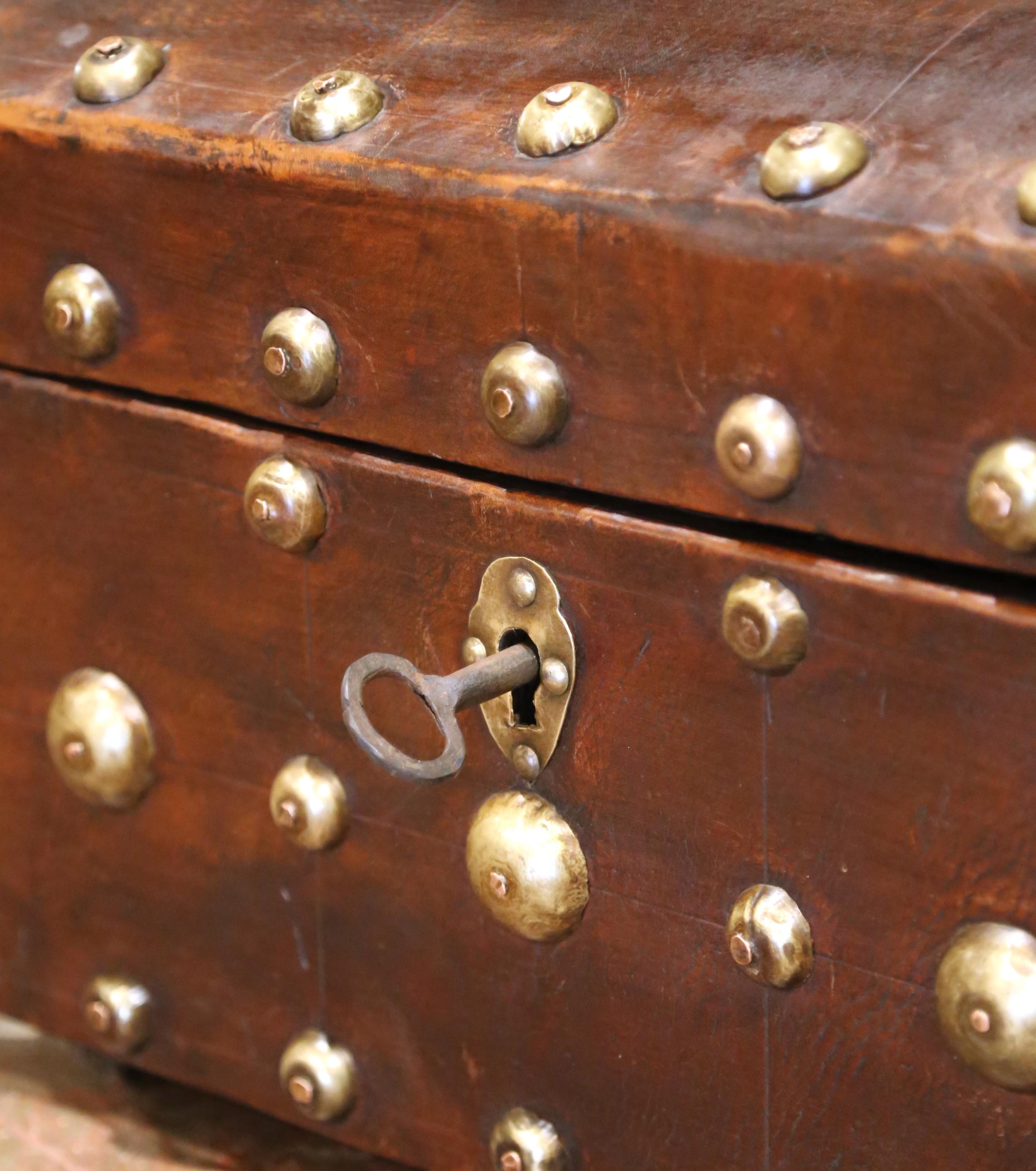 18th Century Spanish Leather and Brass Nailhead Domed Trunk with Original Key For Sale 2