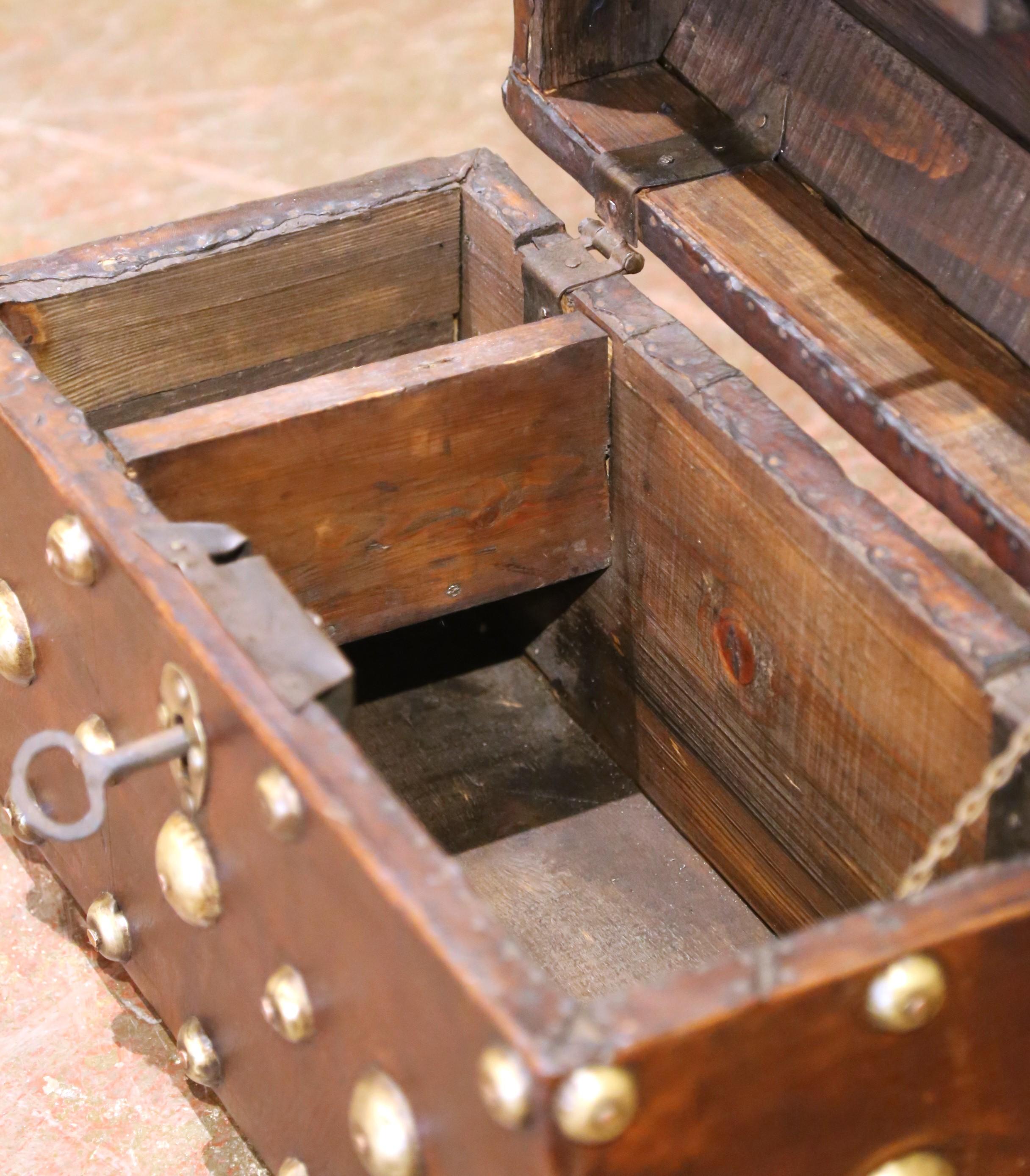 18th Century Spanish Leather and Brass Nailhead Domed Trunk with Original Key For Sale 4