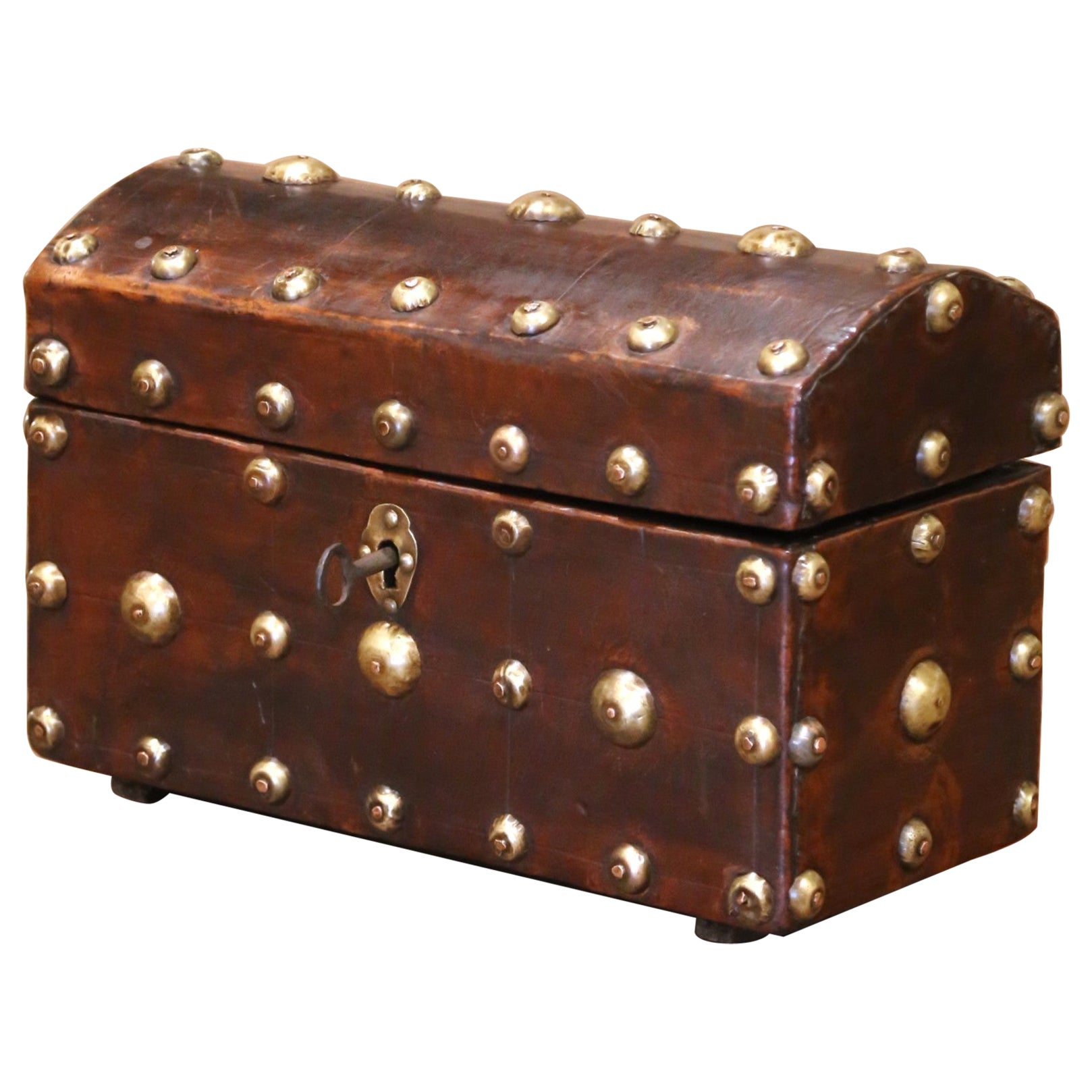 18th Century Spanish Leather and Brass Nailhead Domed Trunk with Original Key For Sale