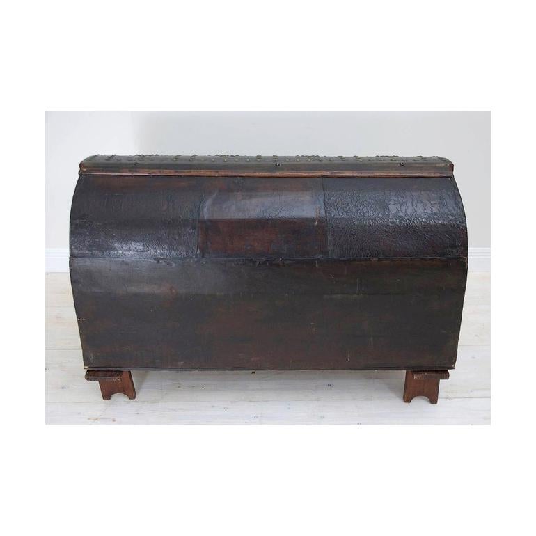 Hand-Crafted Antique 18th Century Spanish Leather Trunk with Decorative Nailhead Detailing For Sale