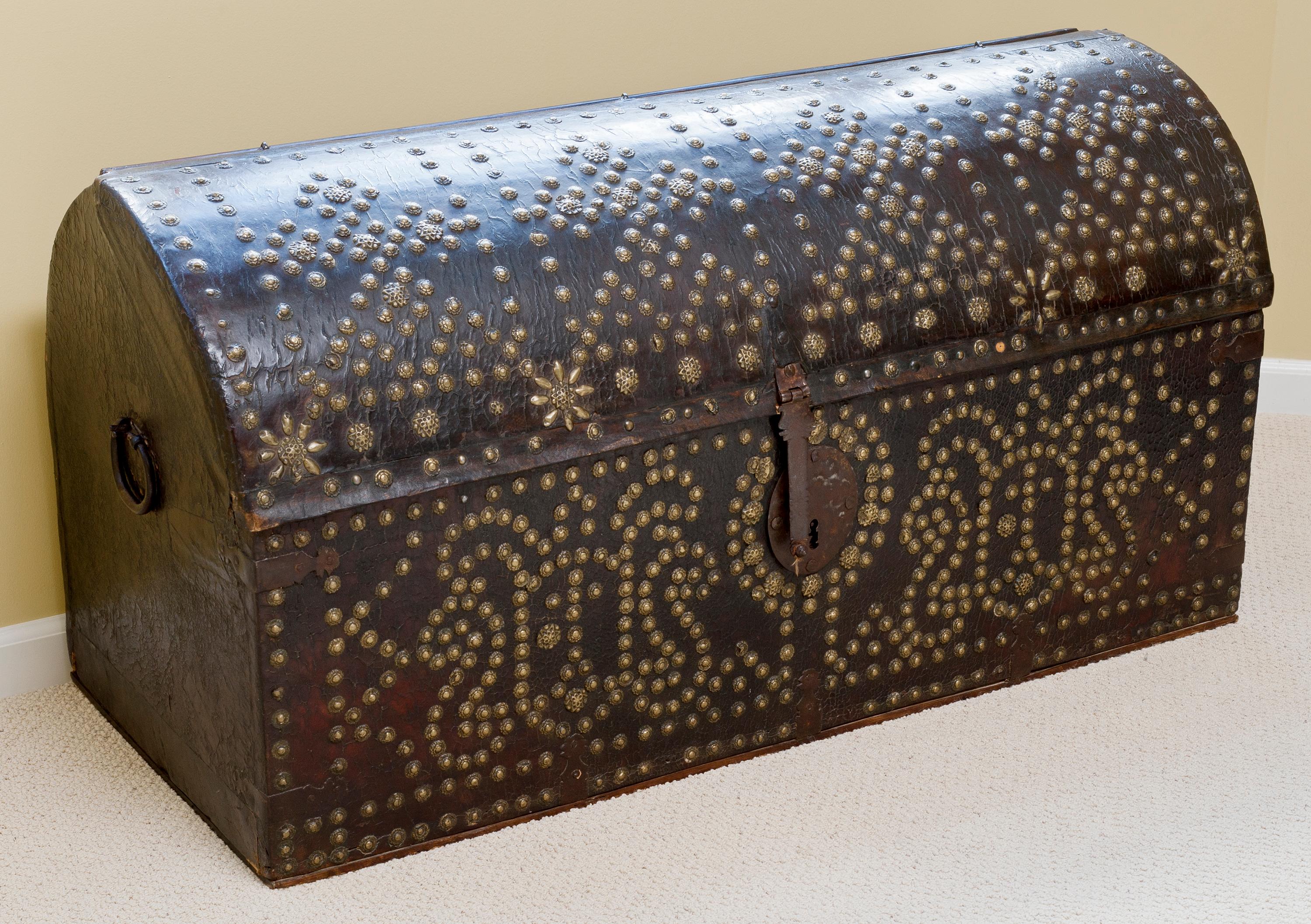 18th Century and Earlier Antique 18th Century Spanish Leather Trunk with Decorative Nailhead Detailing For Sale