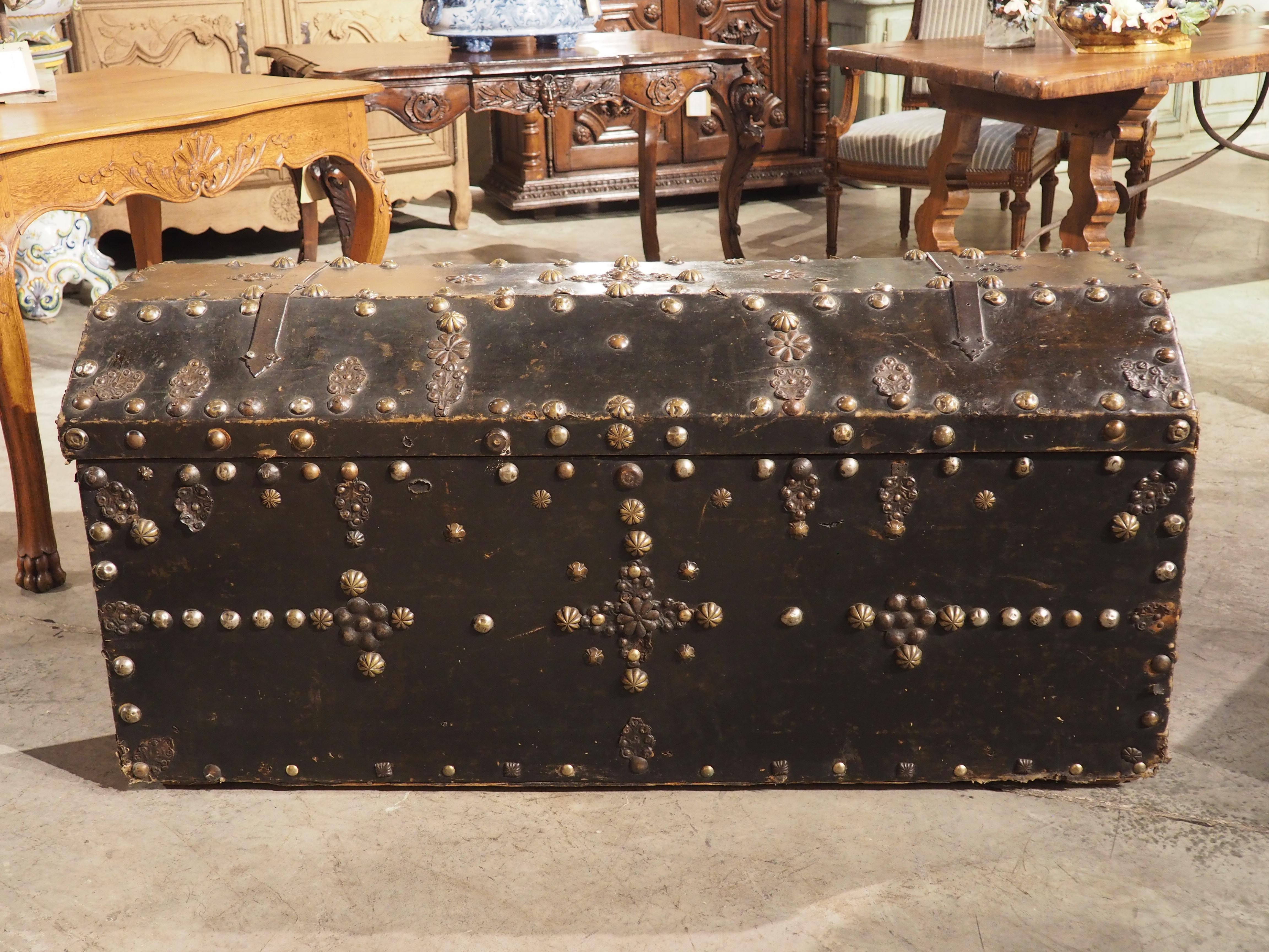 18th Century and Earlier 18th Century Spanish Leather Trunk with Large Studded Nailhead Decoration For Sale