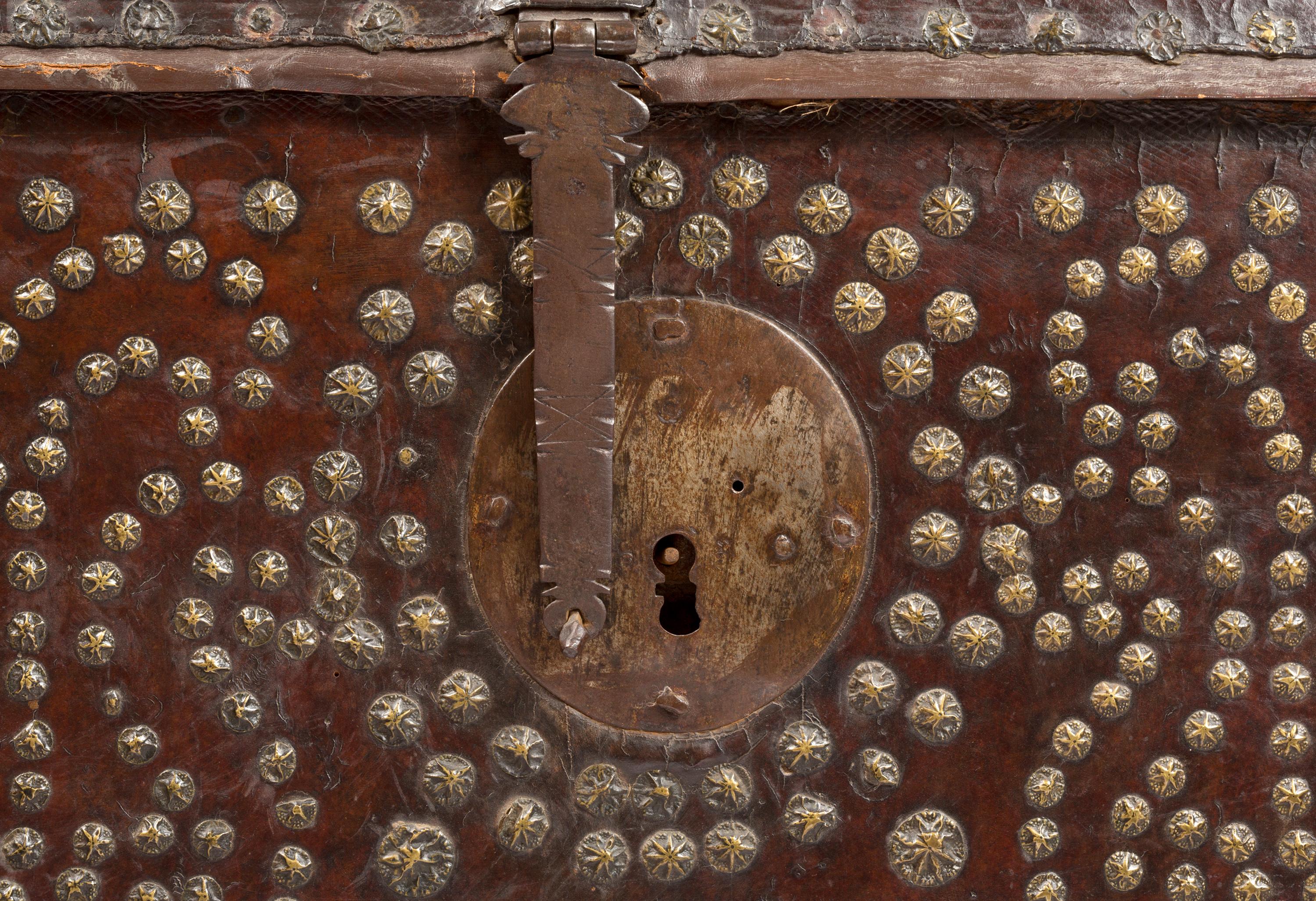 Rustic 18th Century Spanish Leather Trunk with Studded Nailhead Detail