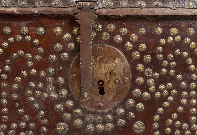 18th Century Spanish Leather Trunk with Studded Nailhead Detail For Sale at 1stDibs