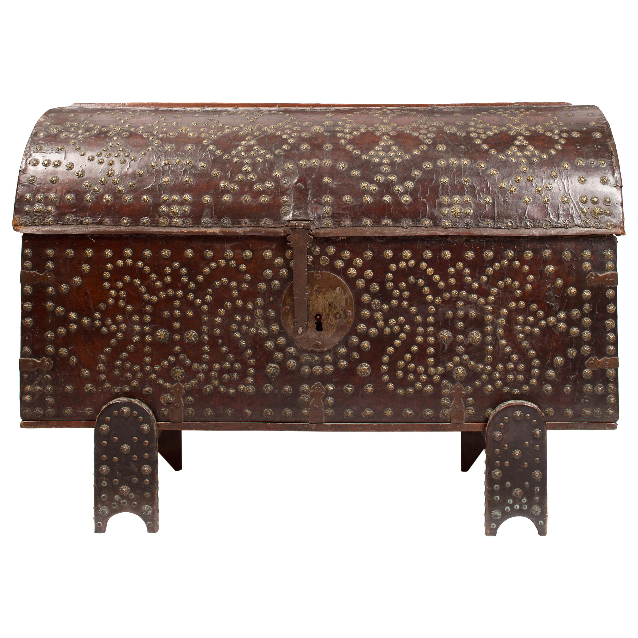 18th Century Spanish Leather Trunk with Studded Nailhead Detail