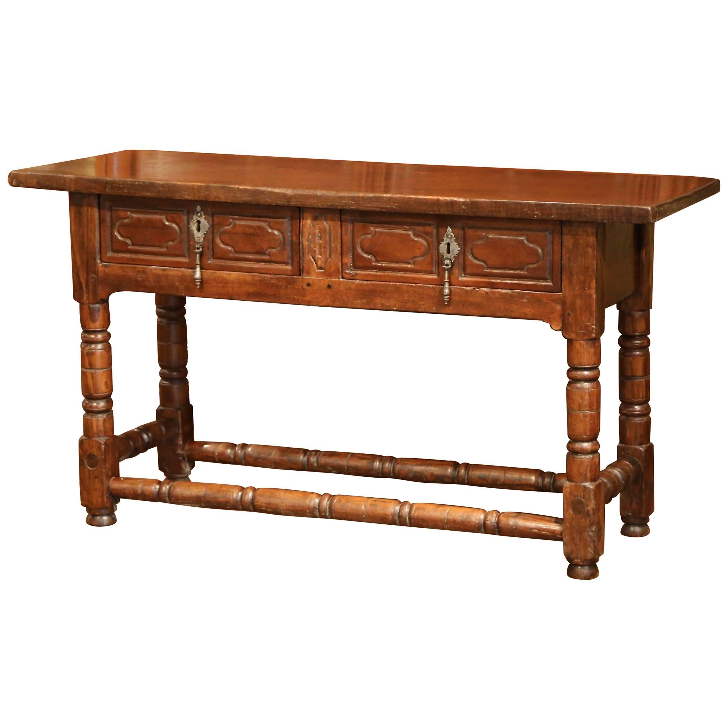 18th Century Spanish Louis XIII Carved Chestnut Console Sofa Table with Drawers
