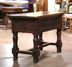 18th Century Spanish Louis XIII Carved Chestnut Side Table on Turned Legs