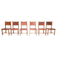 18th Century Spanish Monastery Dining Chairs in Leather and Wood