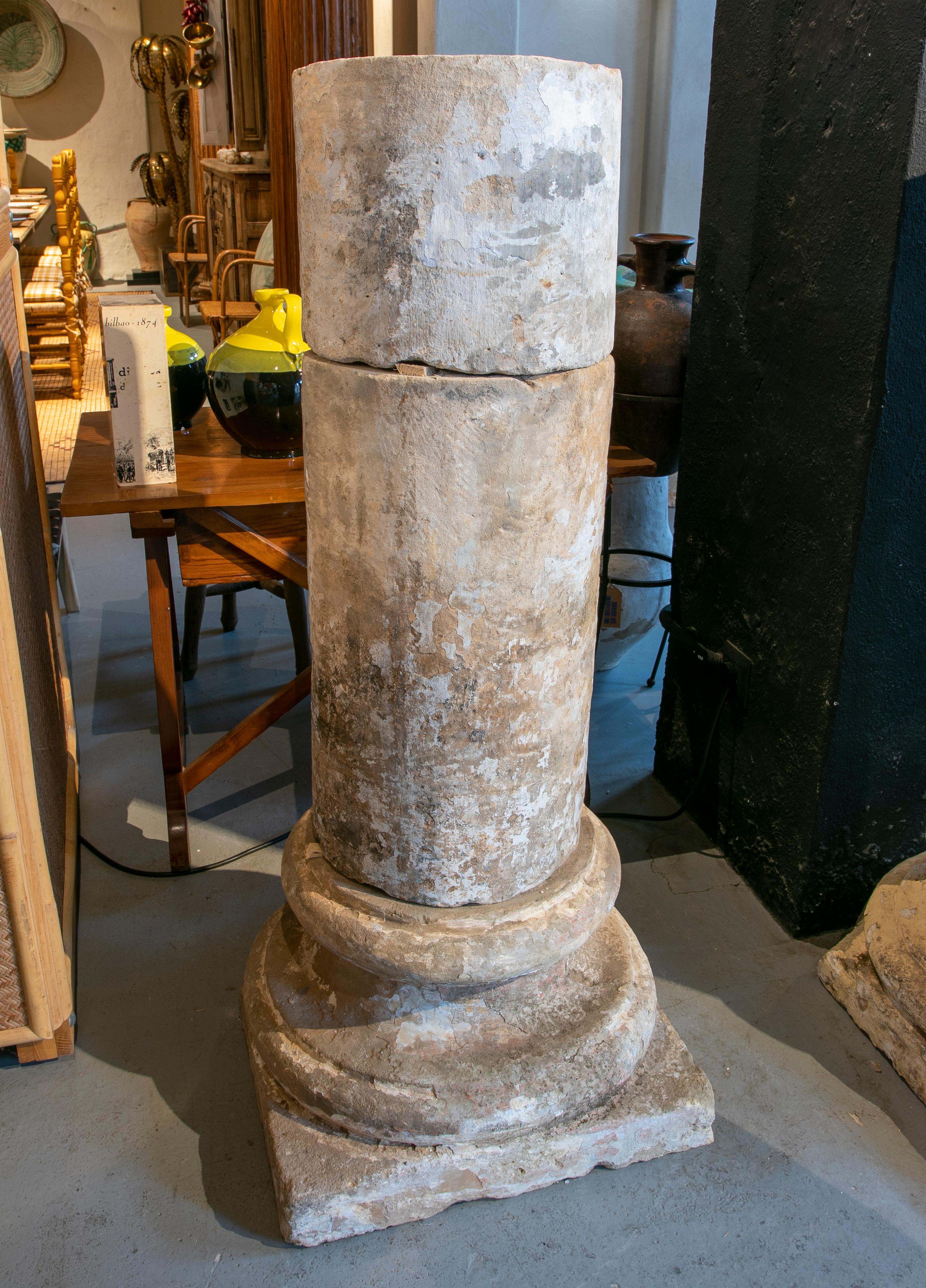 18th Century Spanish Natural Stone Column with Traces of Polychromy
