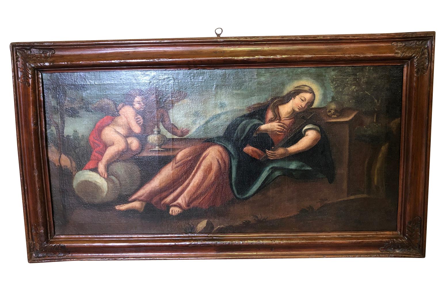 Une époustouflante huile sur toile espagnole du 18ème siècle représentant Marie-Madeleine dans son cadre d'origine. De beaux détails.