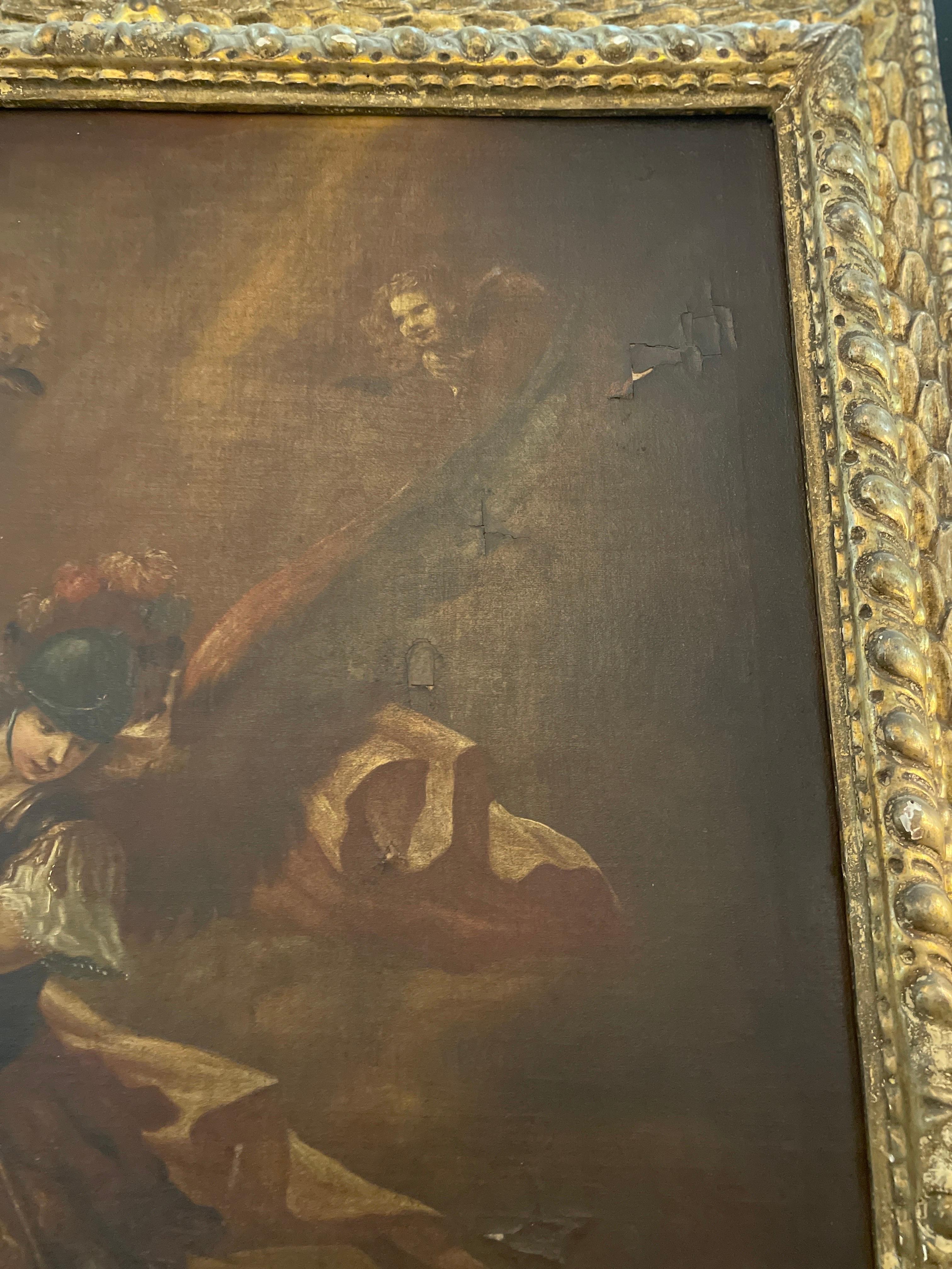 Spanisches Ölgemälde auf Leinwand aus dem 18. Jahrhundert von Sankt Michael, der den Dämon tötet im Zustand „Gut“ im Angebot in Houston, TX