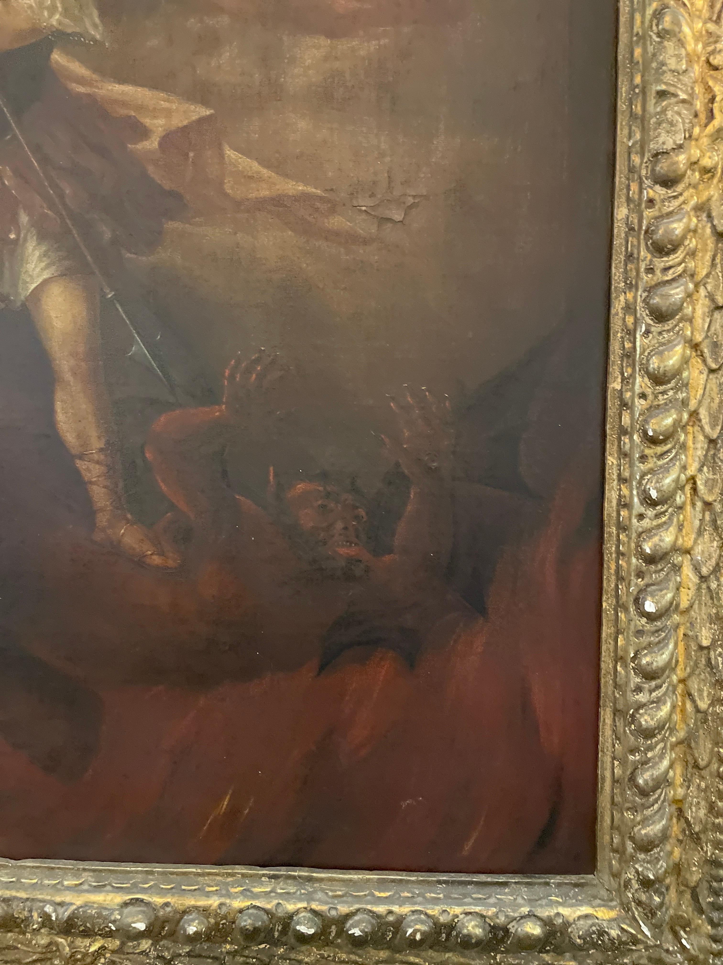 Spanisches Ölgemälde auf Leinwand aus dem 18. Jahrhundert von Sankt Michael, der den Dämon tötet im Angebot 1