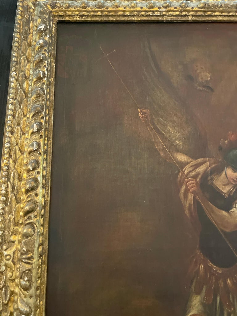 18th Century Spanish Oil Painting On Canvas Of Saint Michael Slaying The  Demon, image size:768x1024