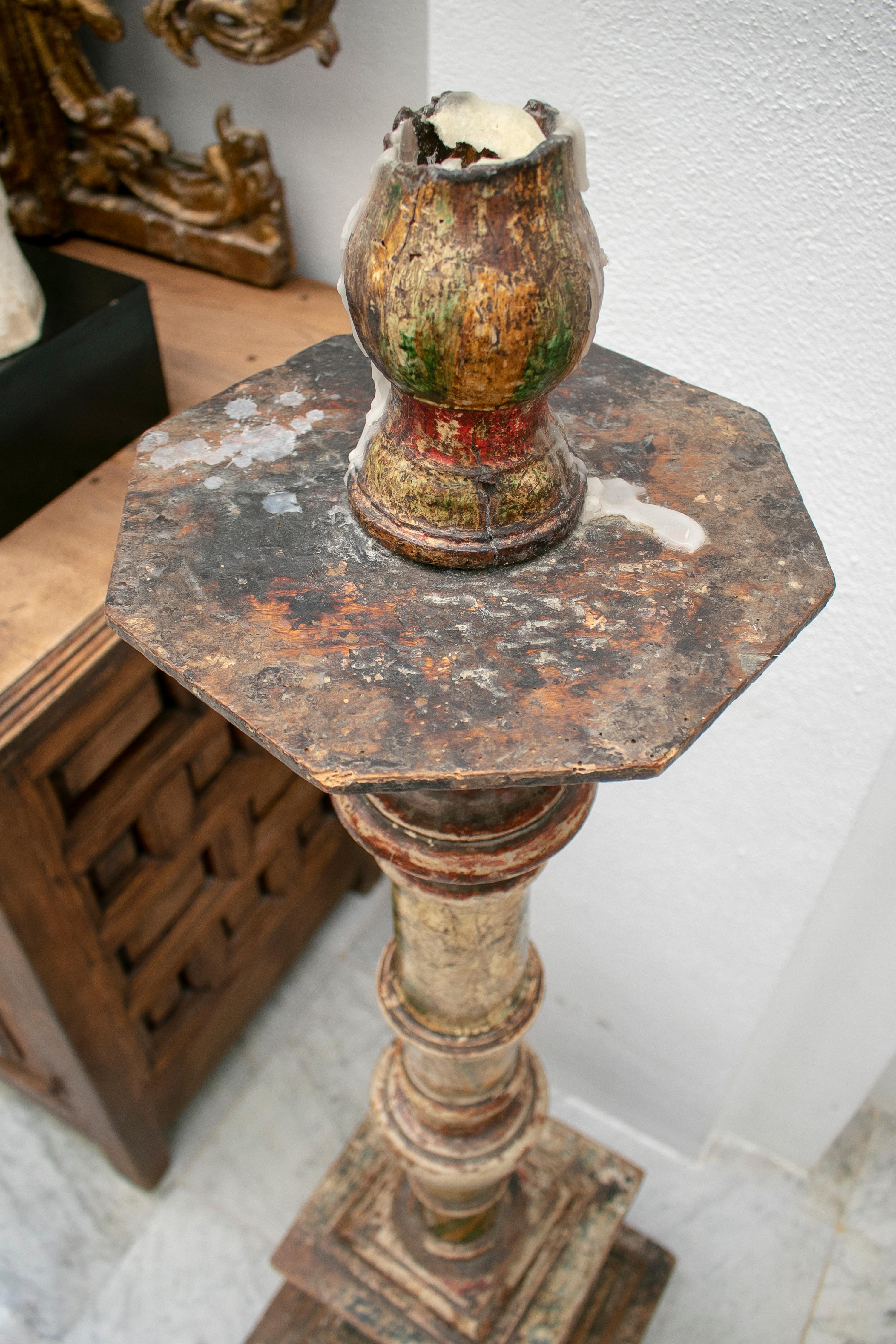 Polychromed 18th Century Spanish Painted Wood Pricket Stick For Sale