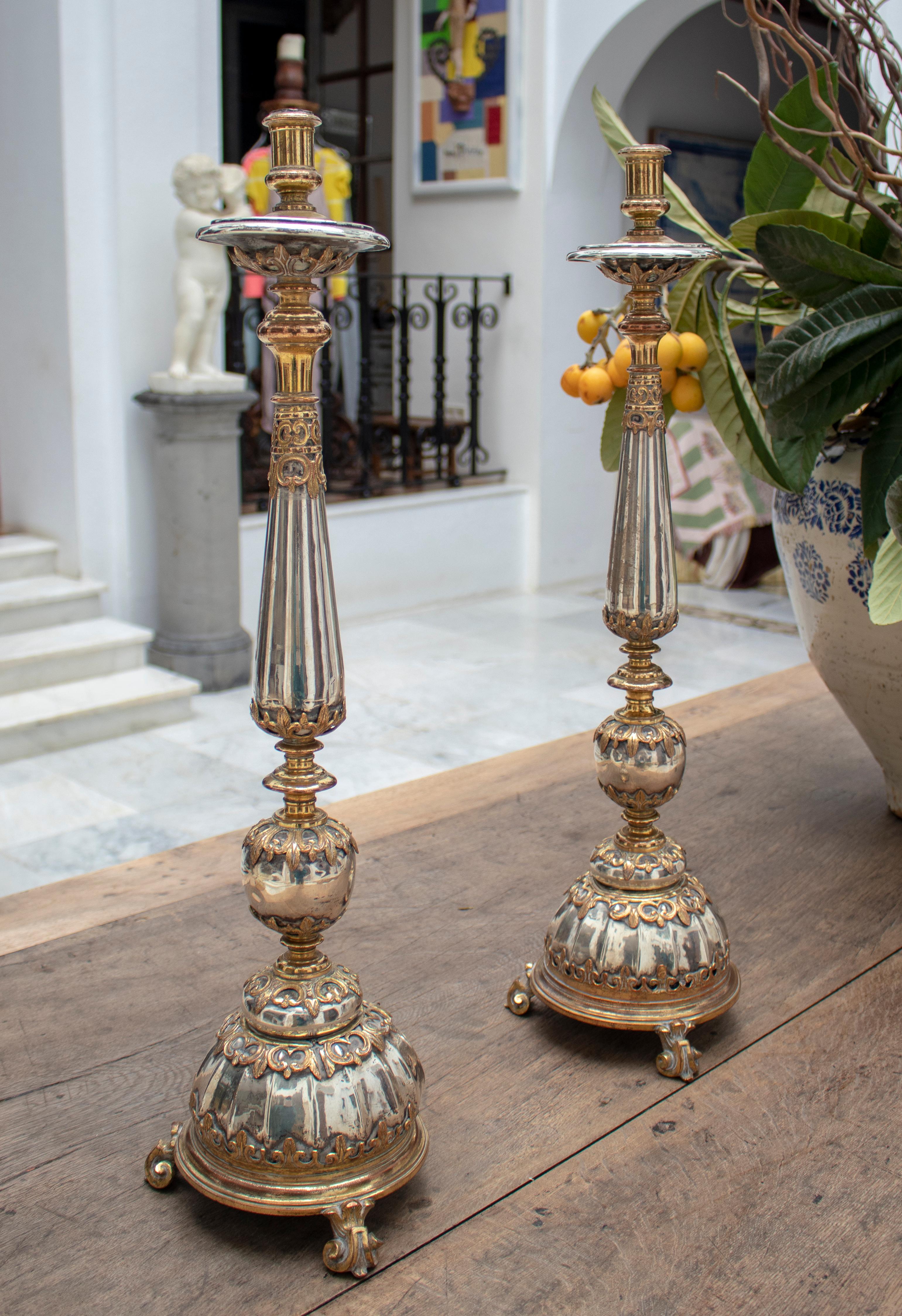 18th century Spanish pair of fire gilt silver and bronze pricket sticks