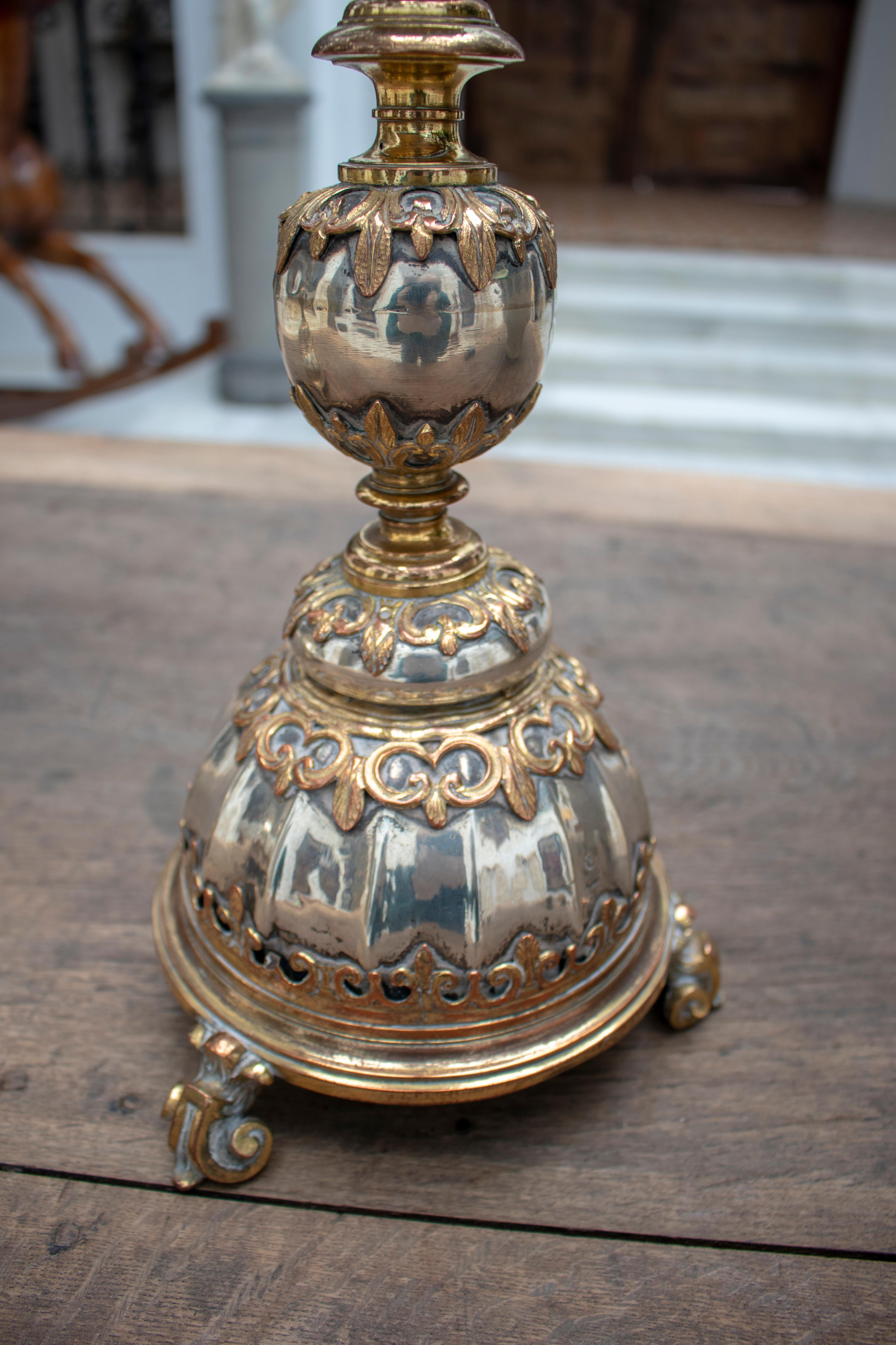 Pair of 18th Century Spanish Fire Gilt Silver and Bronze Pricket Sticks For Sale 1