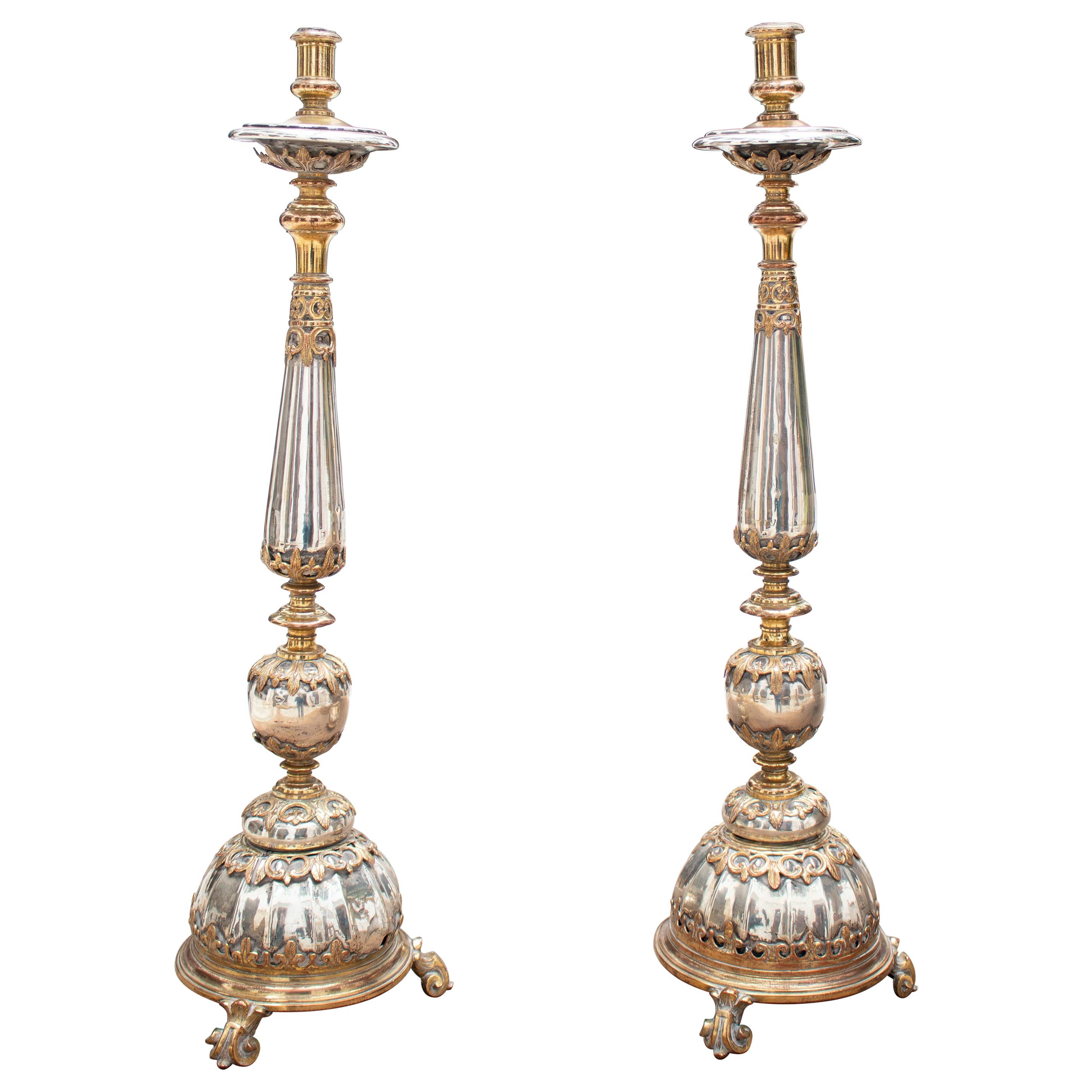 Pair of 18th Century Spanish Fire Gilt Silver and Bronze Pricket Sticks For Sale