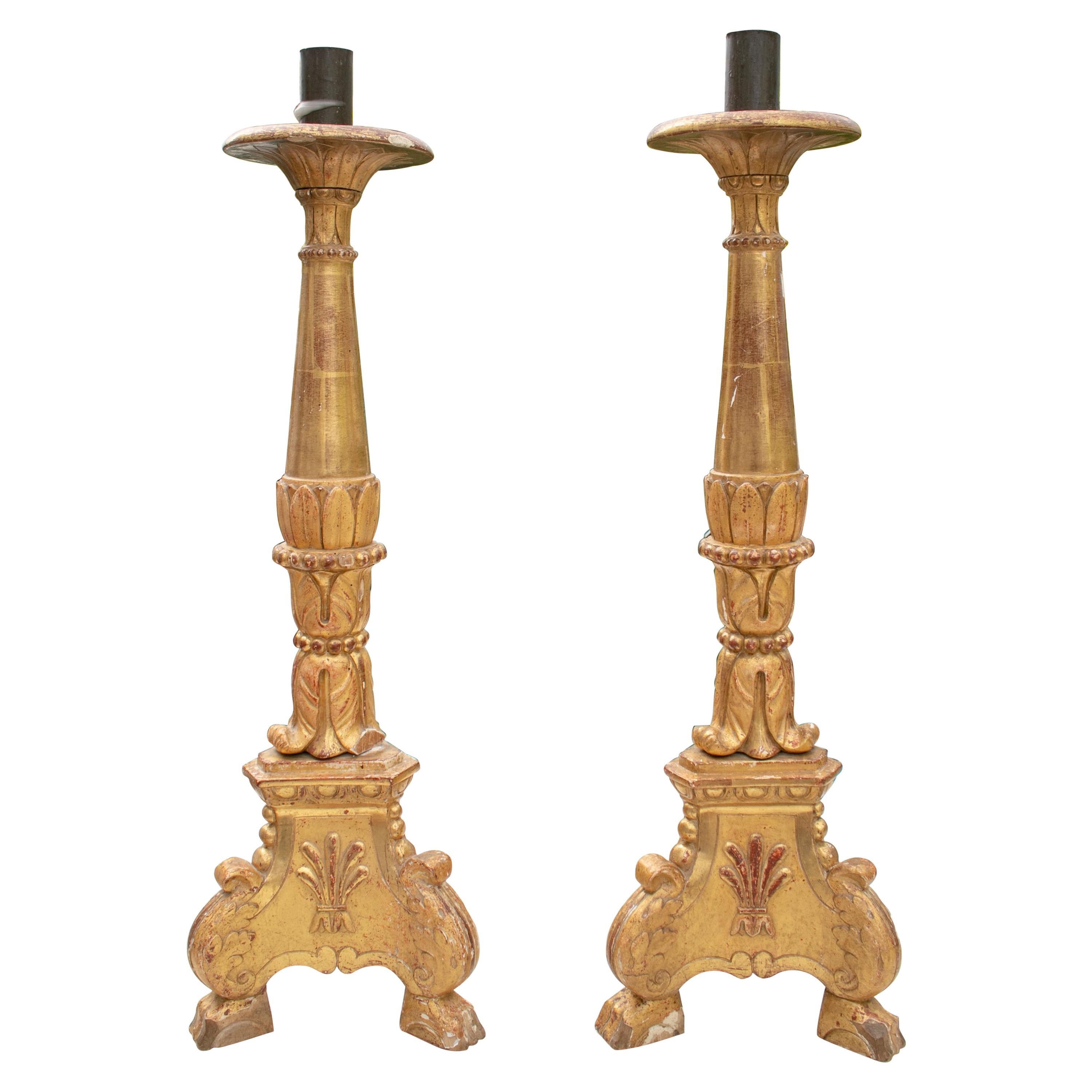 18th Century Spanish Pair of Giltwood Candlesticks For Sale