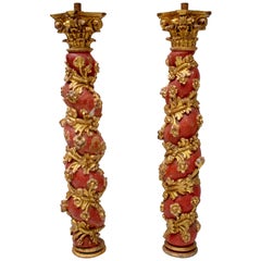 18th Century Spanish Pair of Hand Carved Giltwood Salomonic Columns