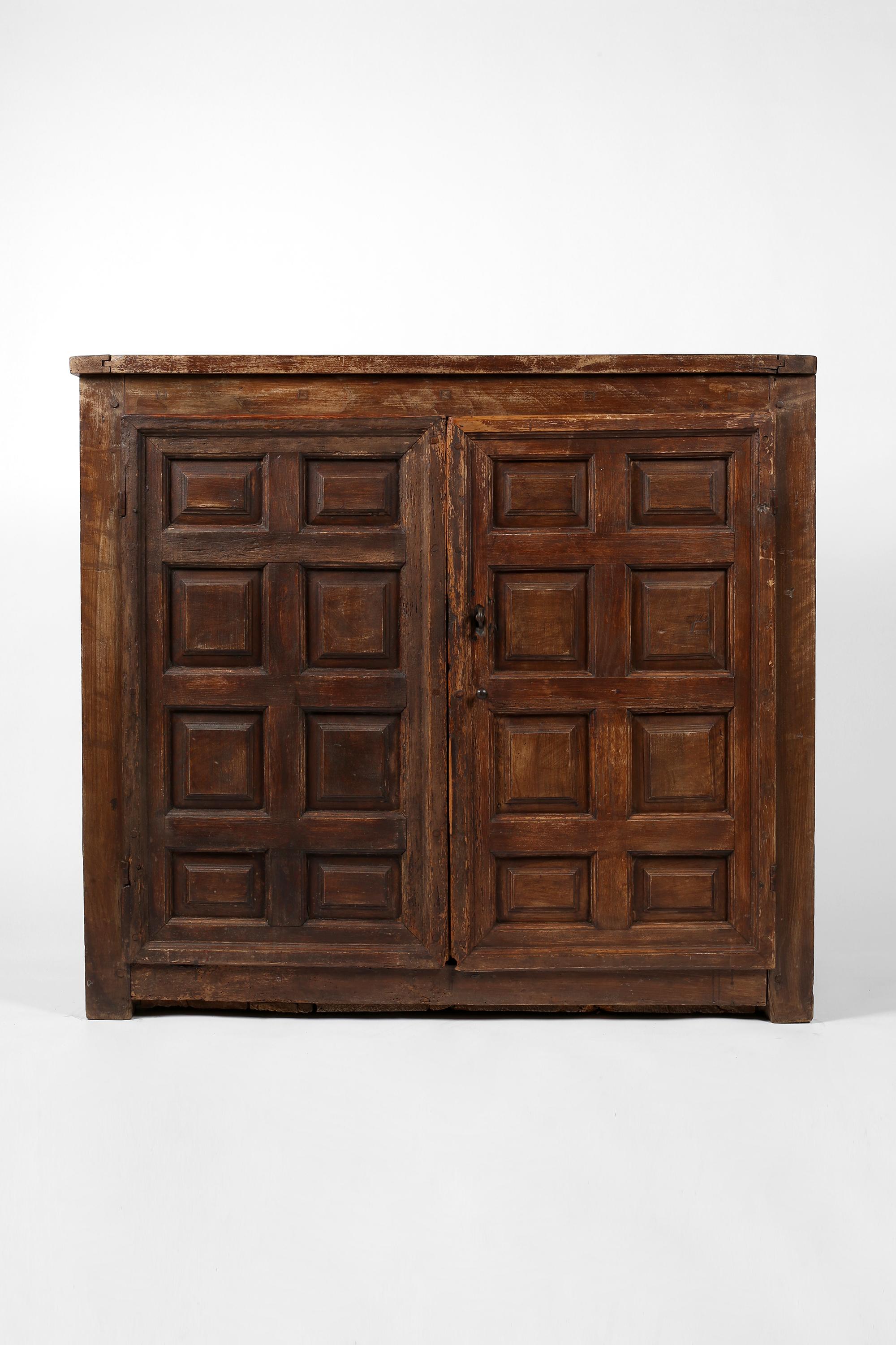 Beech 18th Century Spanish Panelled Rustic Wabi Sabi Cupboard For Sale