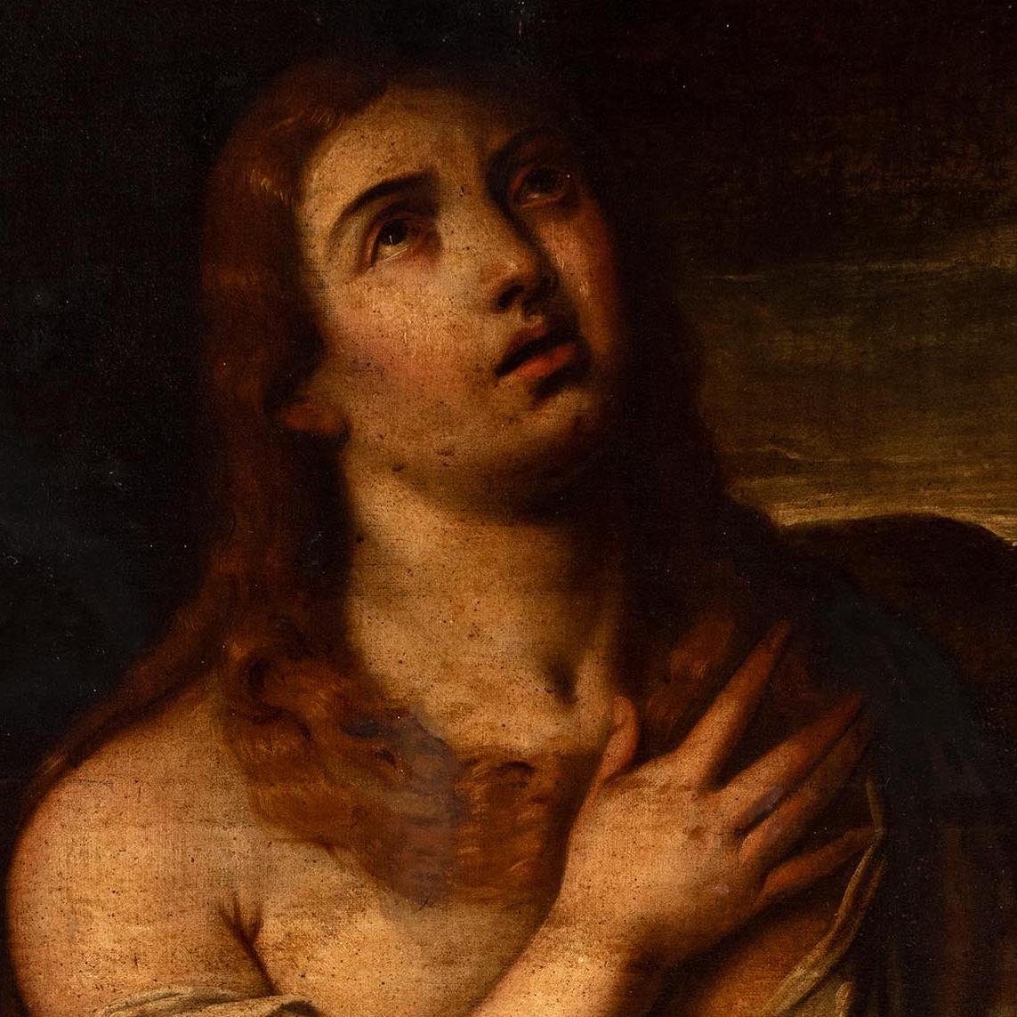 italien Huile sur toile espagnole du 18ème siècle représentant Magdalene pendante en vente